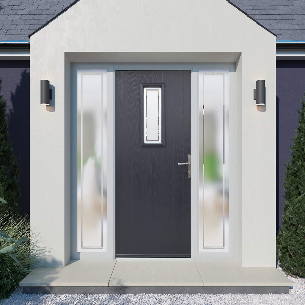 A Dark Grey Contemporary Composite GRP External Door with sandblasted obscure glass panel sidelights on a home exterior.
