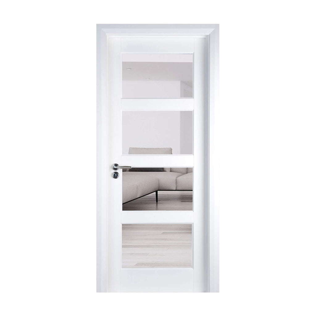 A Contemporary White Primed 4 Lite Pre-Glazed Door on a white background.