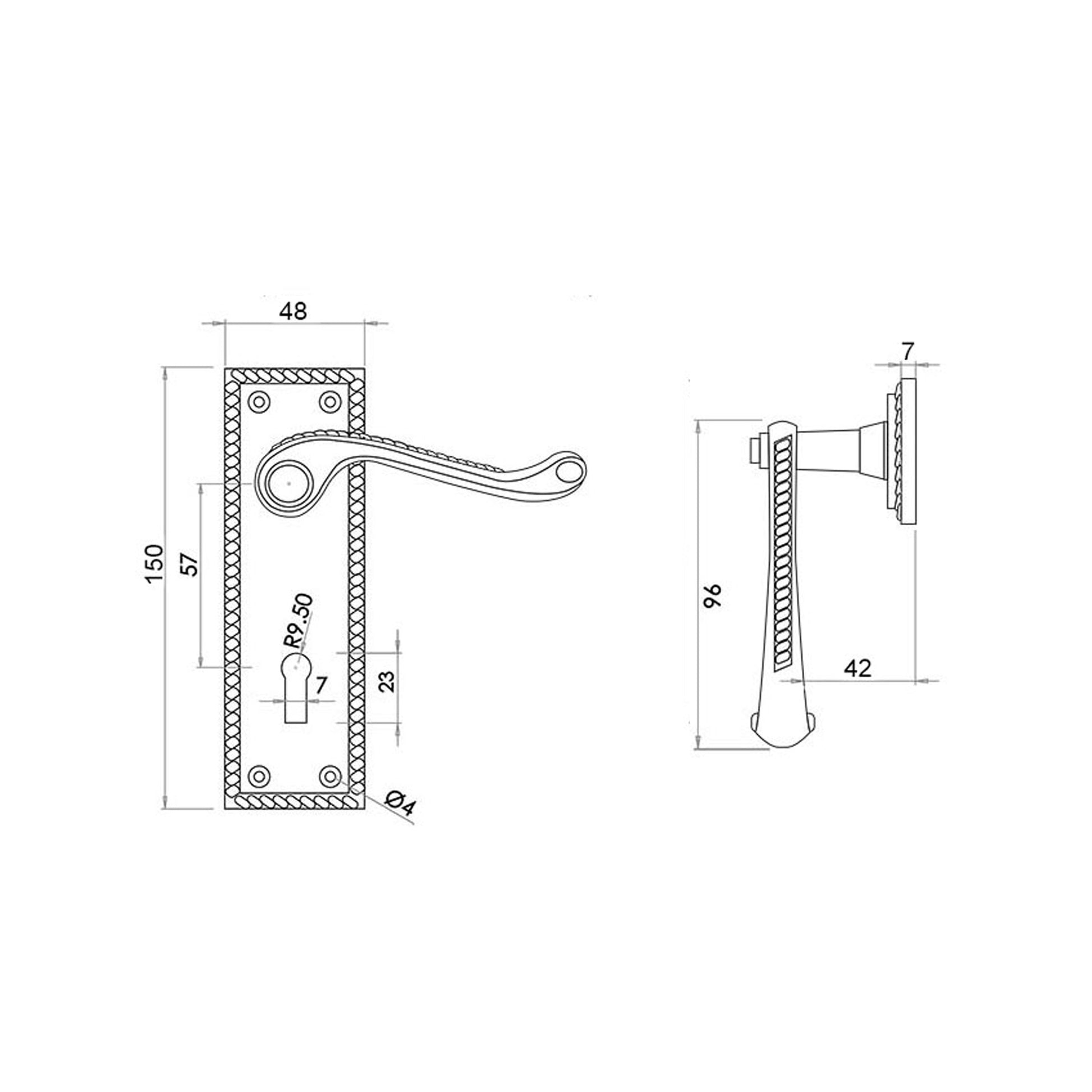 Technical drawing of a Contract Georgian Brass Scroll Backplate Lock Handle.