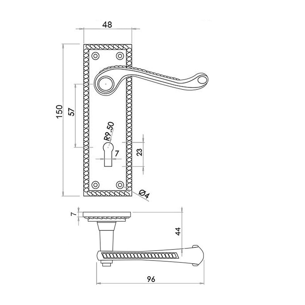 Technical drawing of a Contract Georgian Brass Scroll Backplate Lock Handle.