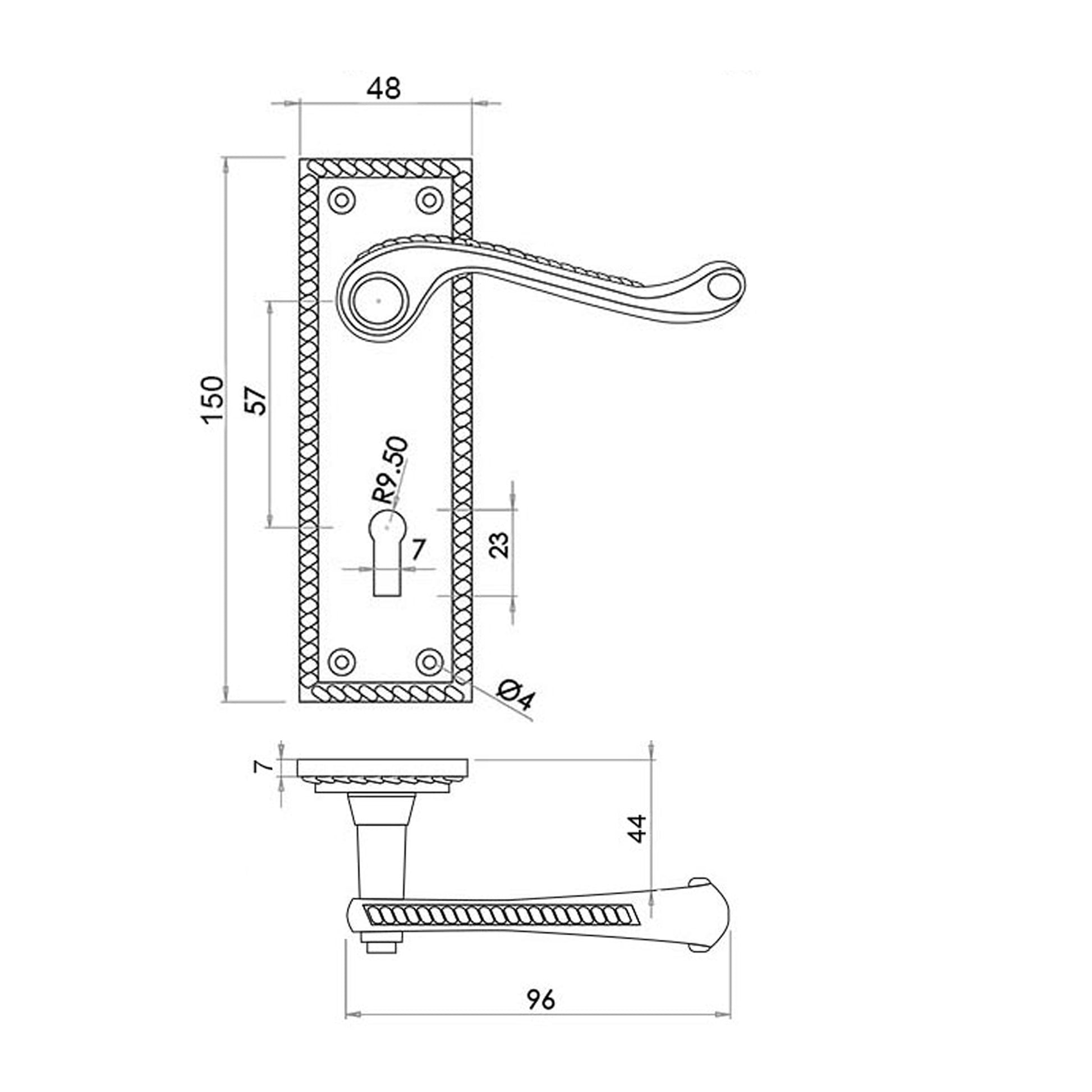 Technical drawing of a Contract Georgian Brass Scroll Backplate Lock Handle.