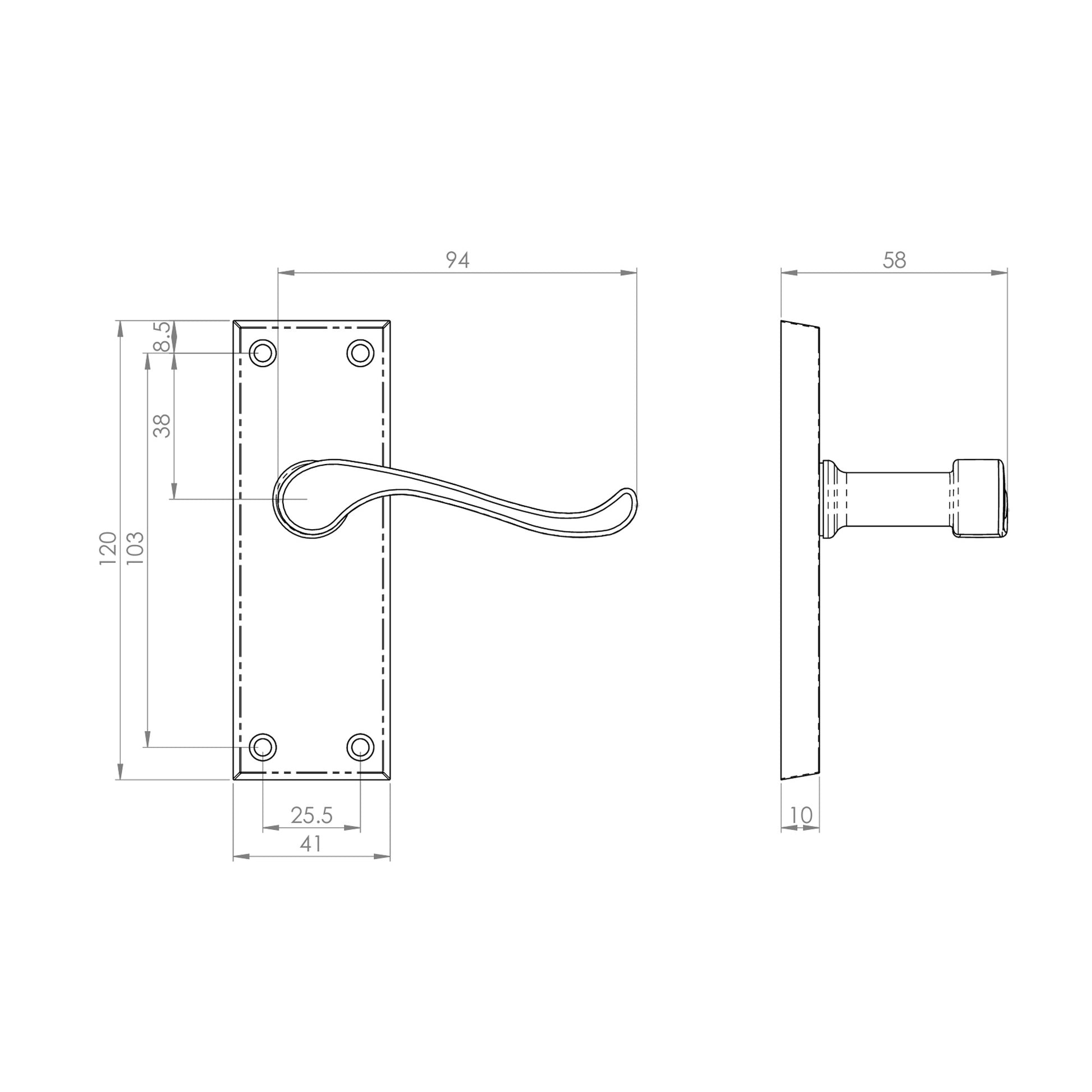Technical drawing of a Contract Chrome Scroll Backplate door handle with dimensions on a white background