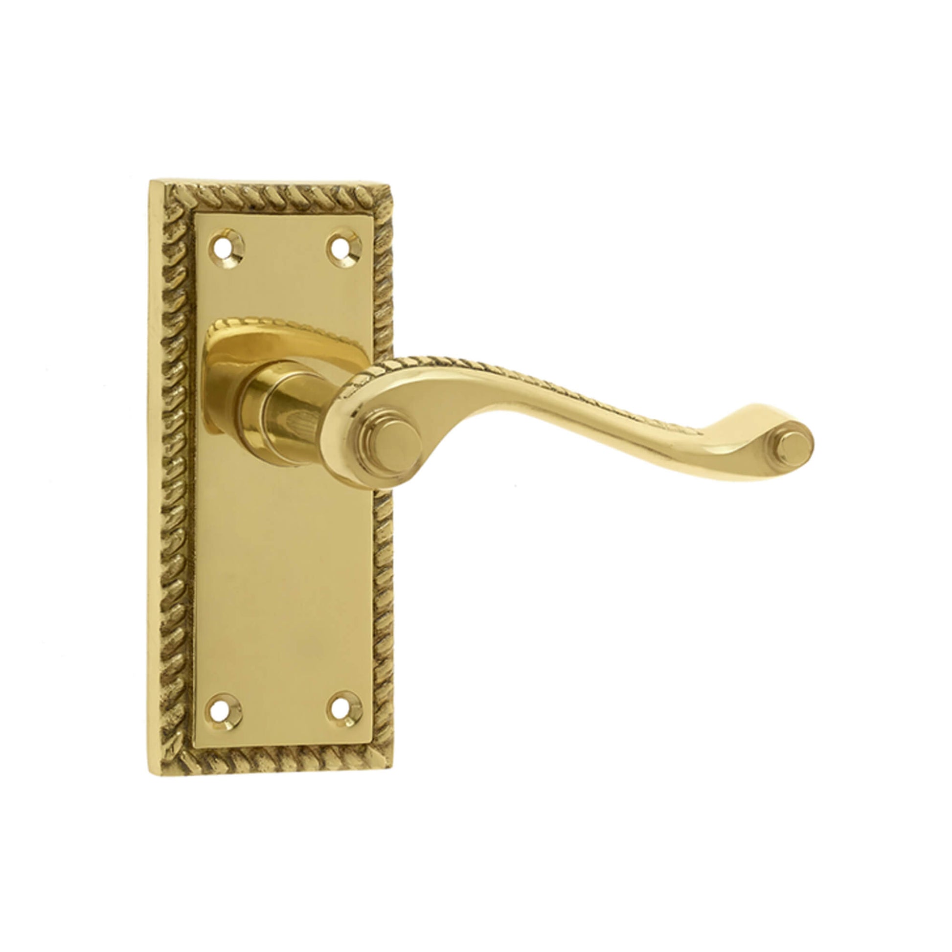 Contract Georgian Brass Scroll Backplate Latch Handle on a white background