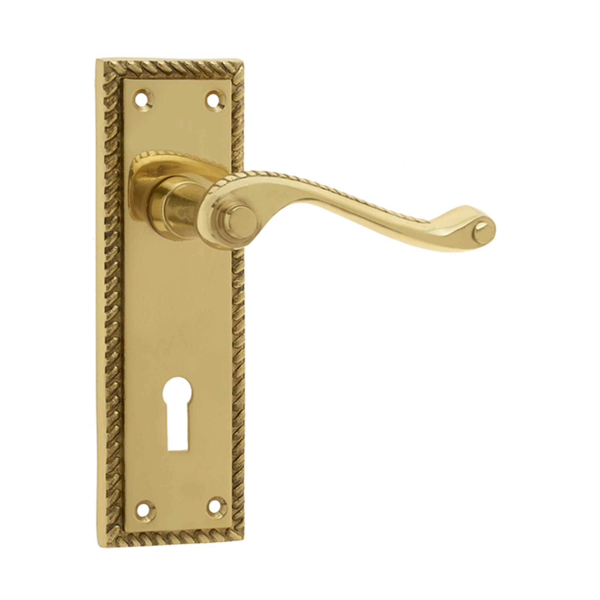 Contract Georgian Brass Scroll Backplate Lock Handle on a white background