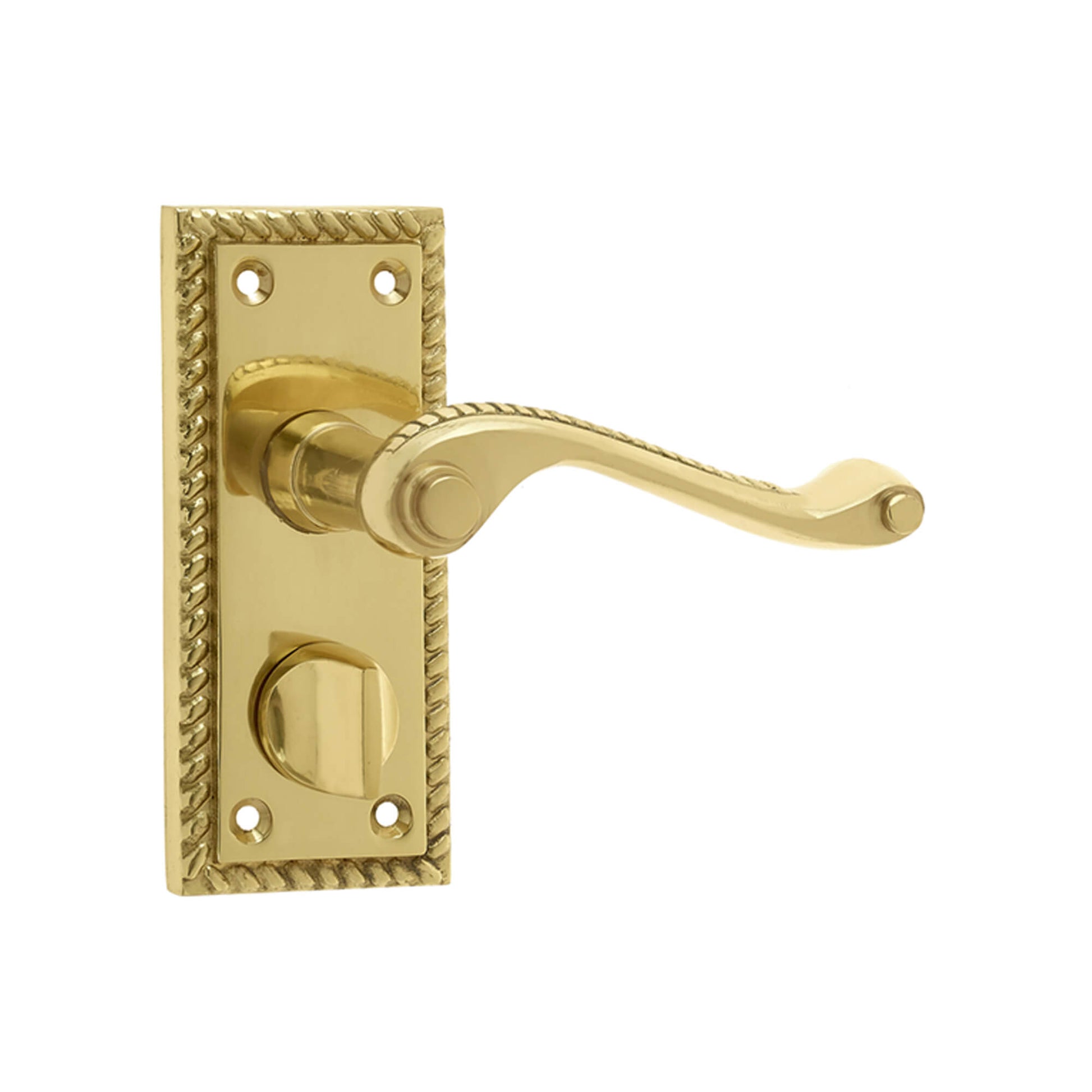 Contract Georgian Brass Scroll Backplate WC Thumbturn Handle on a white background