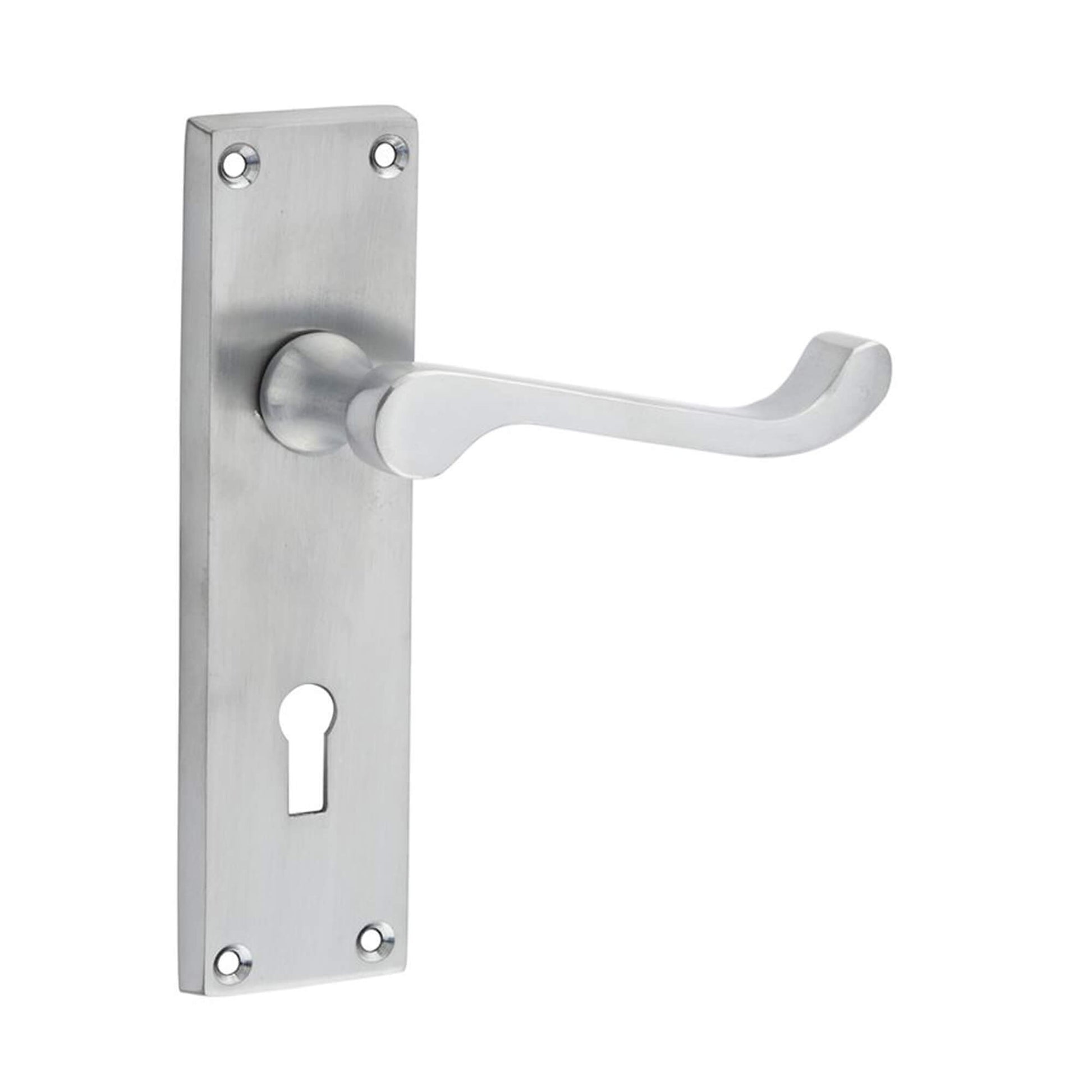 Contract Satin Chrome Scroll Backplate Lock Handle on a white background