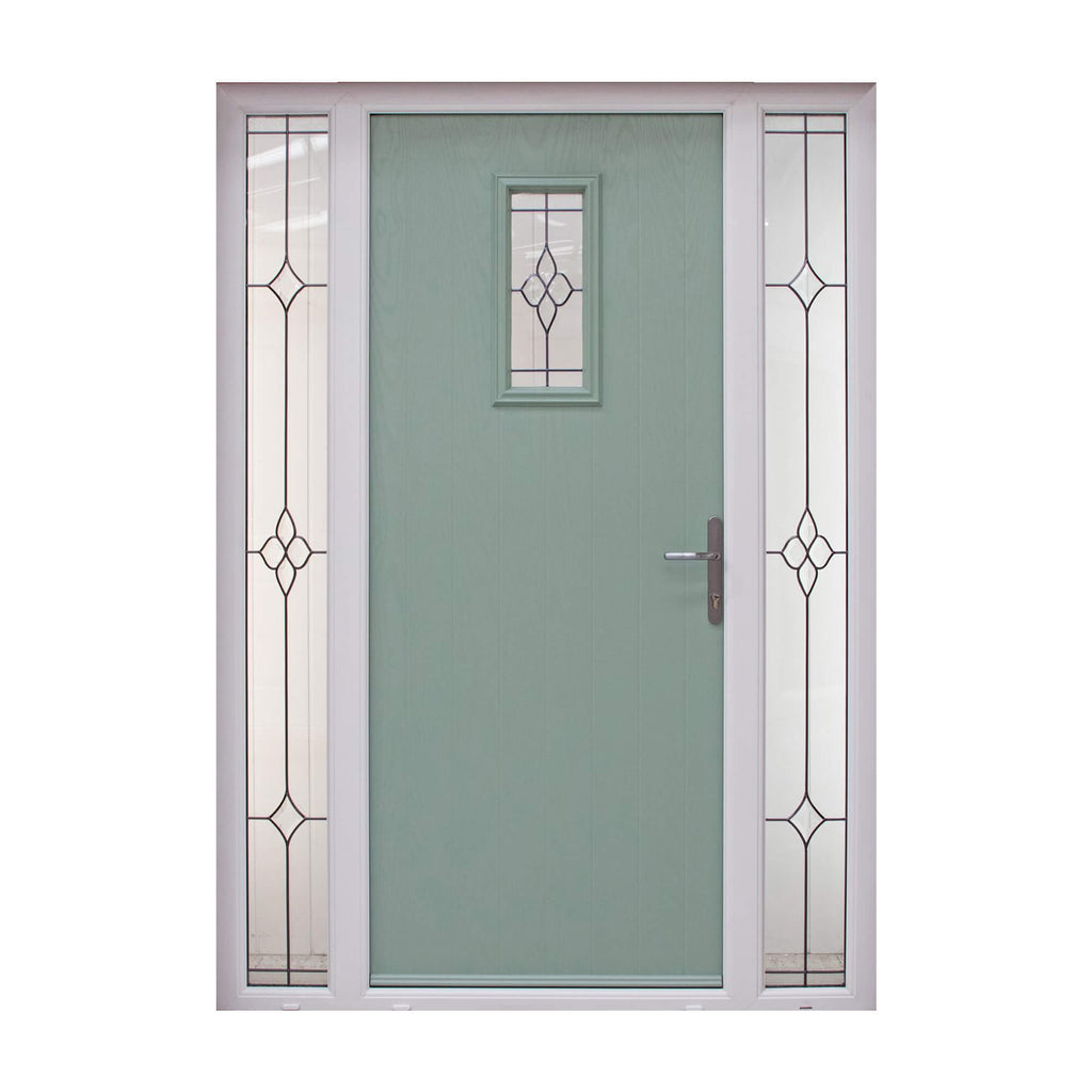 A Chartwell Green Cottage Composite GRP Door with decorative sidelight glass panels on a white background.