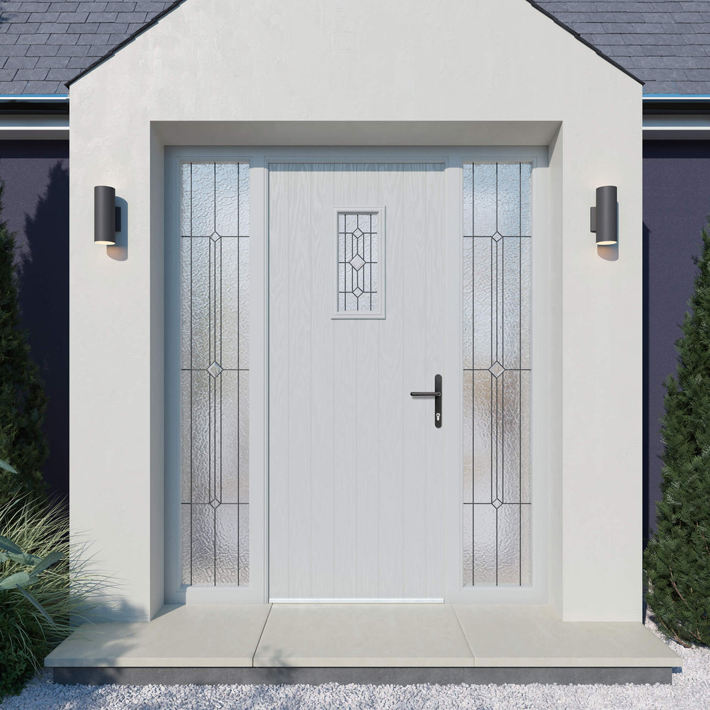 A Cottage Composite GRP Door with decorative sidelight glass panels on a house exterior.