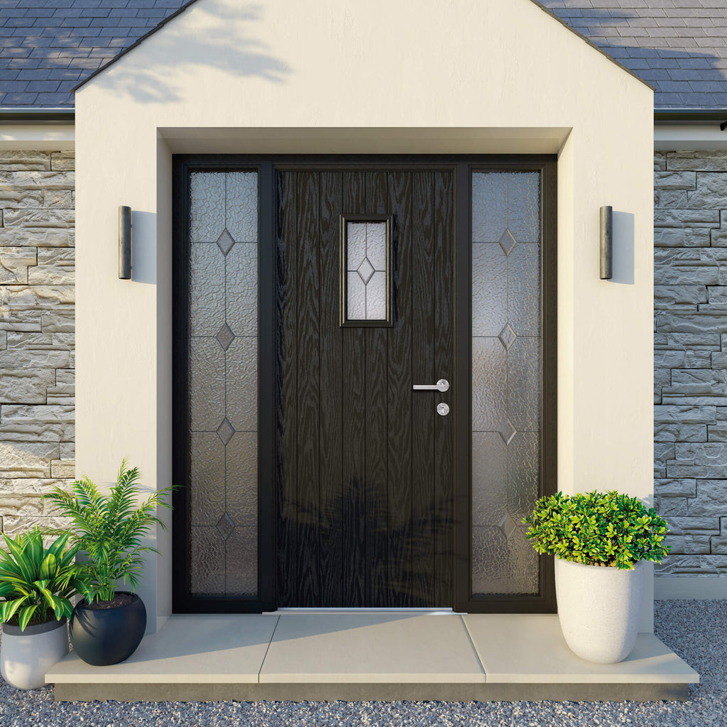 A Black Cottage Composite GRP Door with decorative sidelight glass panels on a  house exterior.