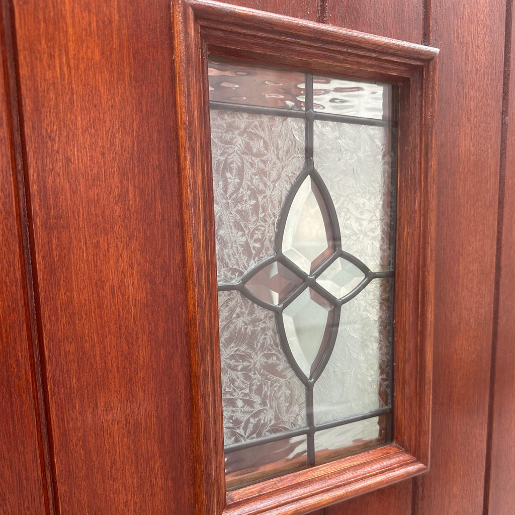 Close-up of the stained glass panel on a  Cottage Mahogany Pre-Glazed 44mm External Door