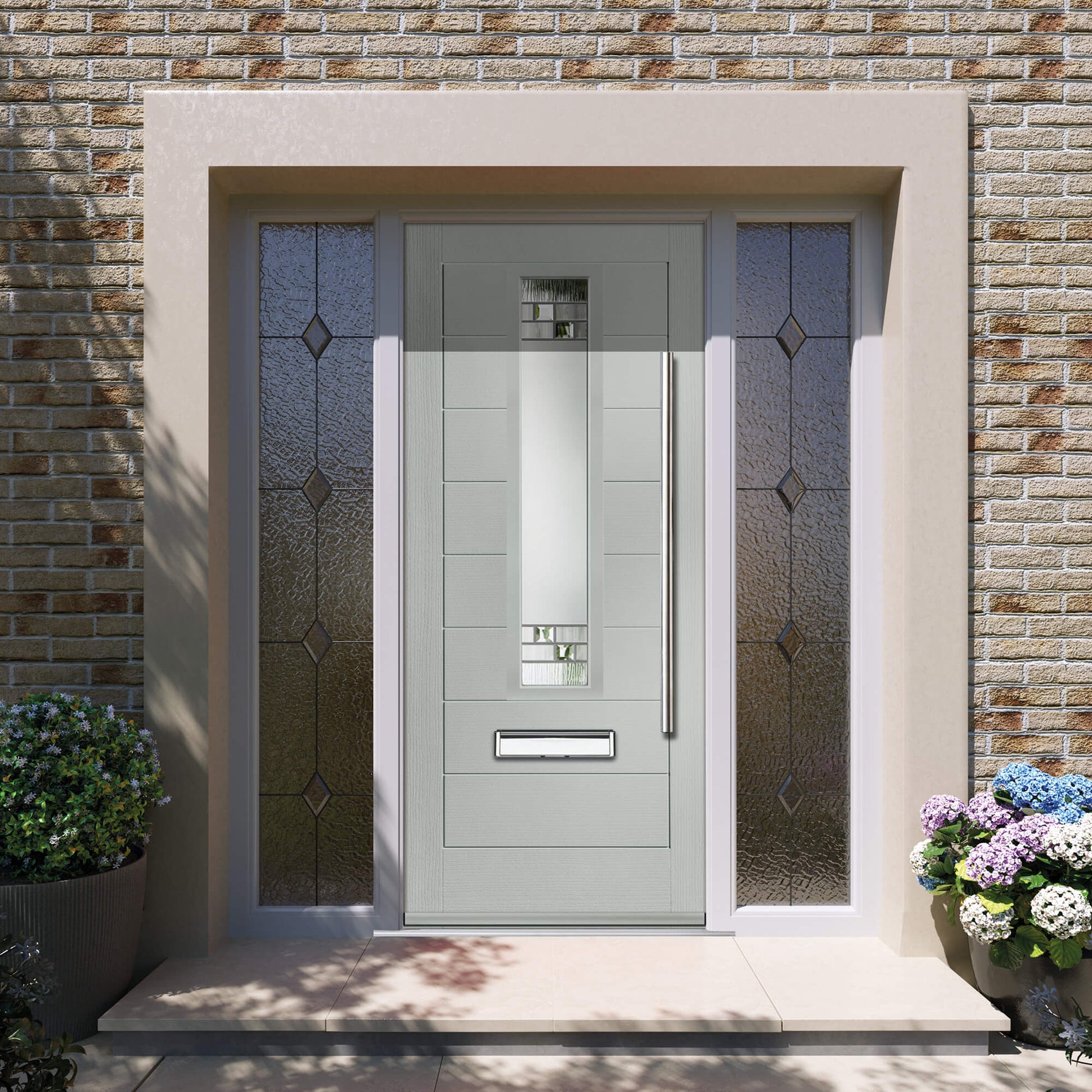 An Chartwell Green Cullen Composite GRP External Door in a front door exterior setting.