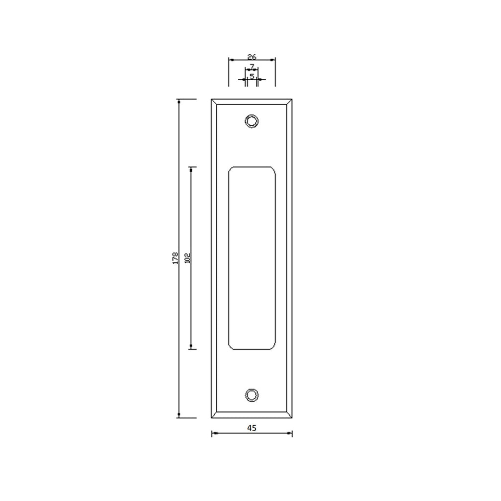 Technical drawing of a  Designer 7" Flush Pull Handle