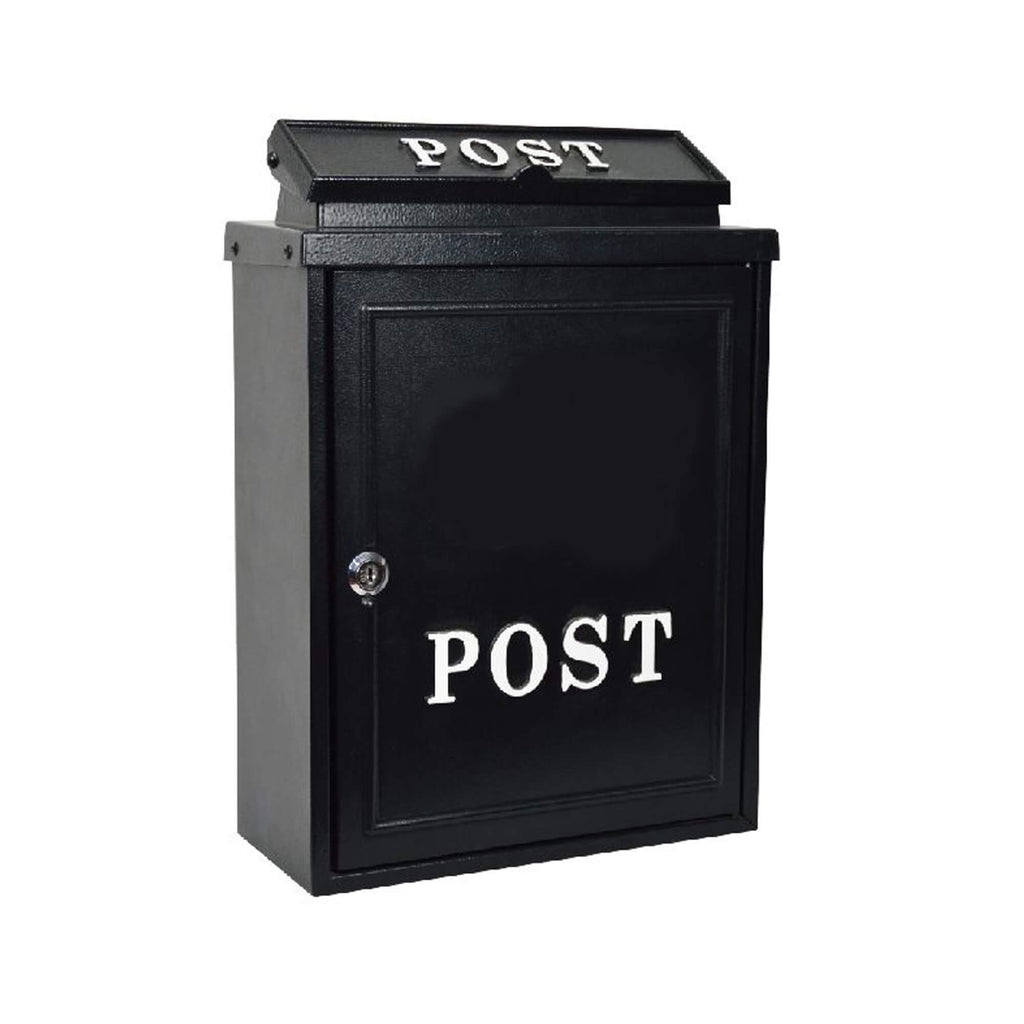 Side angled view of a Devon Black Cast Aluminium Letter Box on a white background