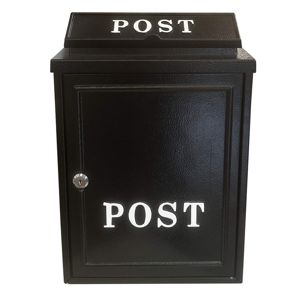 Front view of a Devon Black Cast Aluminium Letter Box on a white background