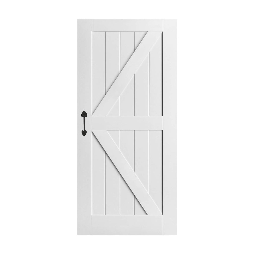 An Easton White Primed Barn Door with a traditional black handle
