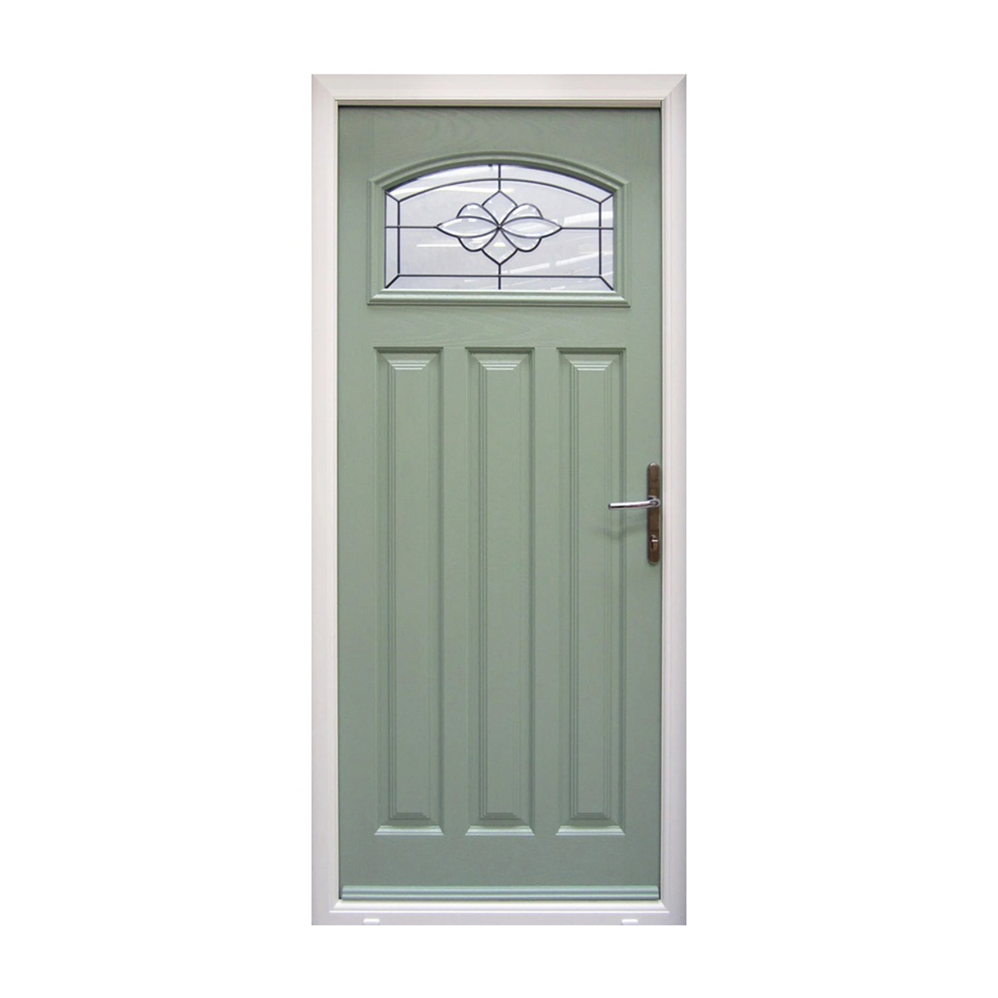 A Chartwell Green Edwardian Composite GRP Door with decorative glass panel on a white background