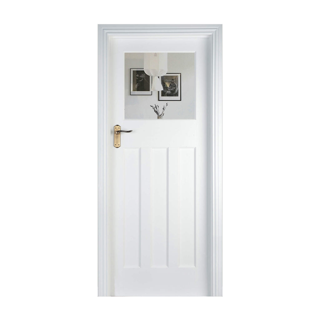 An Edwardian White Primed 1 Lite Unglazed 40mm Door, with clear 4mm clear toughened glass inserted, on a white background.
