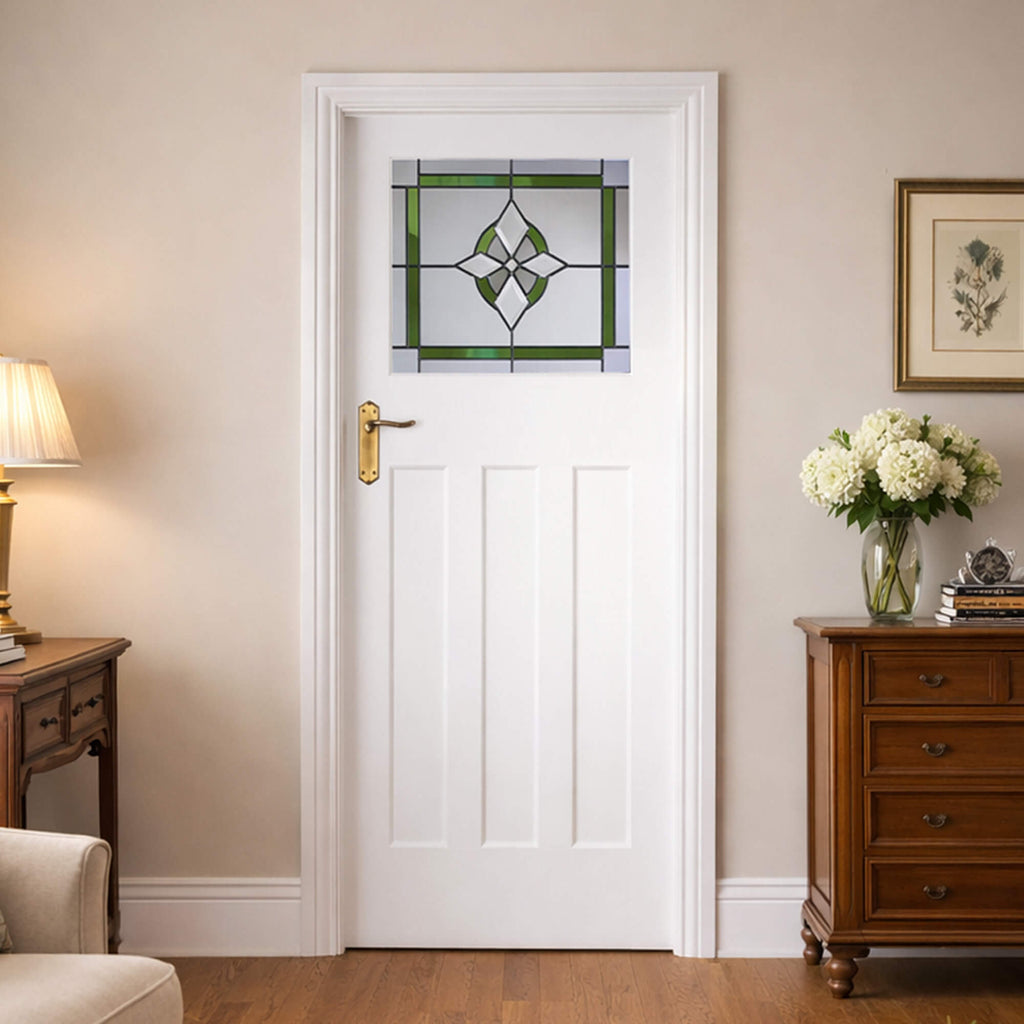 An Edwardian White Primed 1 Lite Unglazed 40mm Door, with 4mm lead decorative toughened glass inserted, in a living room home interior setting.