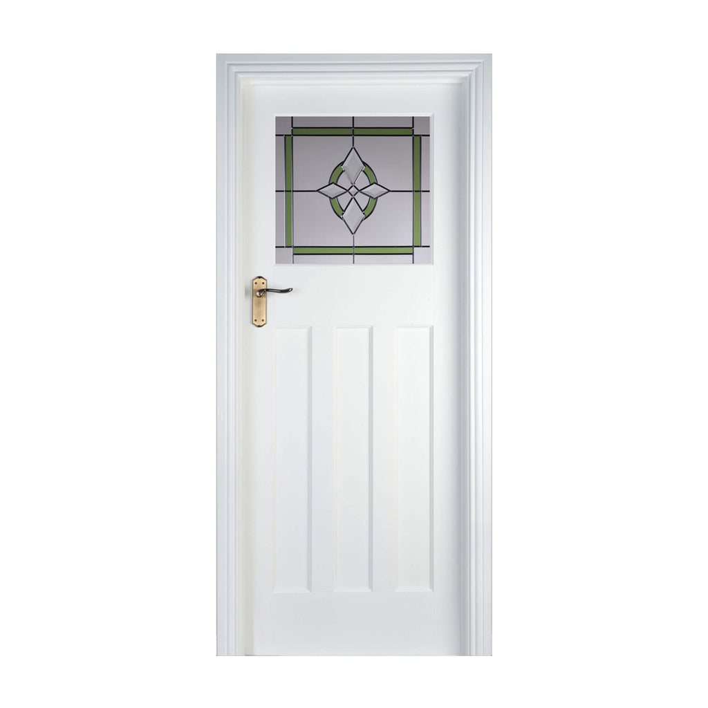 An Edwardian White Primed 1 Lite Unglazed 40mm Door, with 4mm lead decorative toughened glass inserted, on a white background