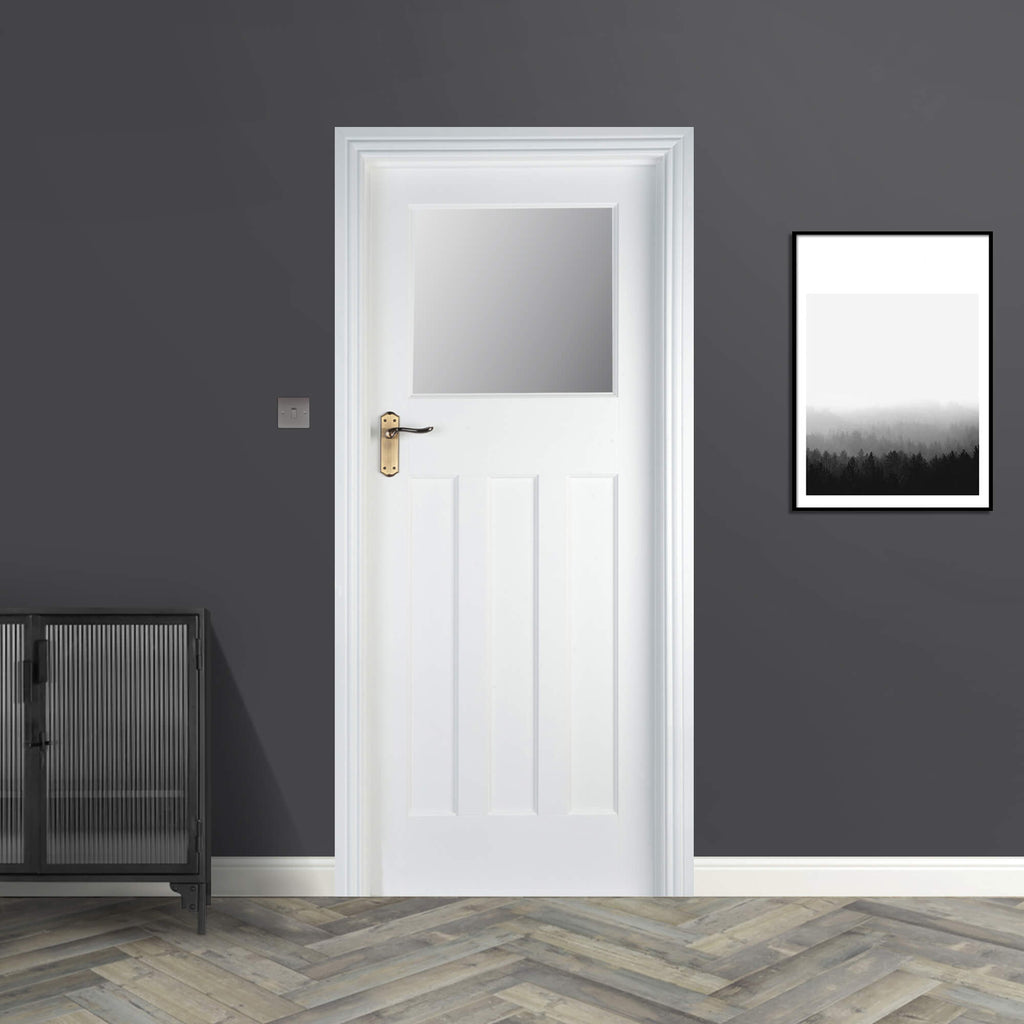 An Edwardian White Primed 1 Lite Unglazed 40mm Door, with opaque glass inserted, in a home setting. 
