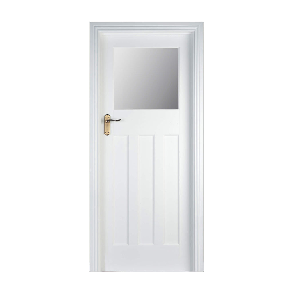 An Edwardian White Primed 1 Lite Unglazed 40mm Door, with opaque glass inserted, on a white background.