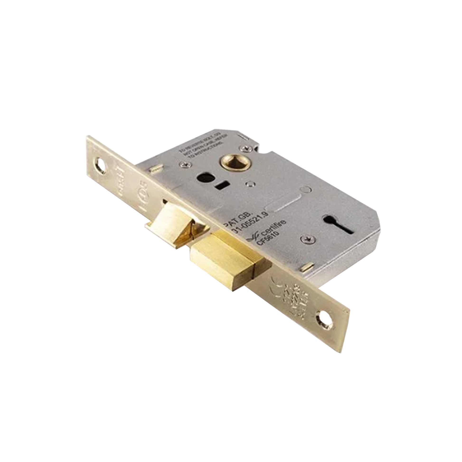 Angled view of the front of an Electro Brassed 3 Lever Door Lock on a white background.