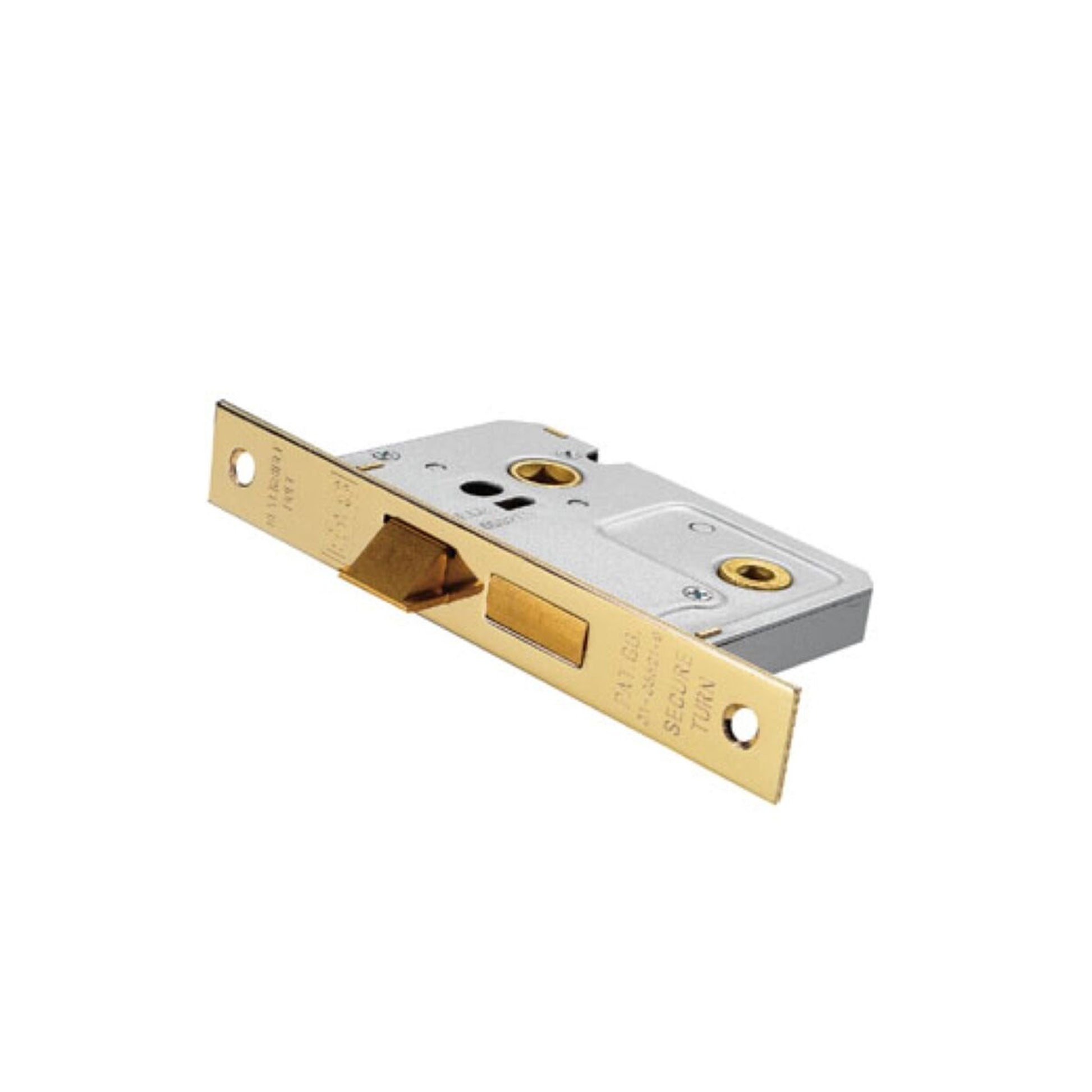 Angled view of a Electro Brassed 3 Lever Lock on a white background