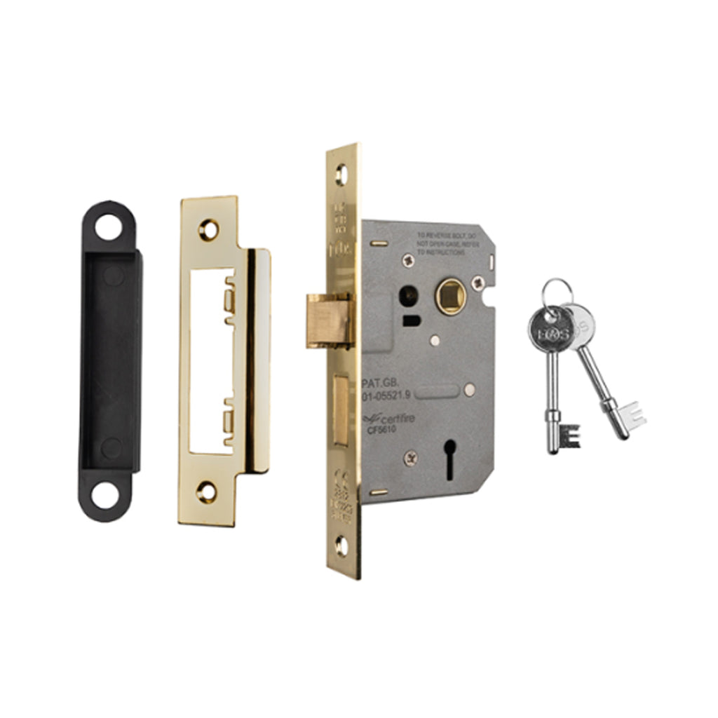 Electro Brassed 3 Lever door lock components with keys on a white background.