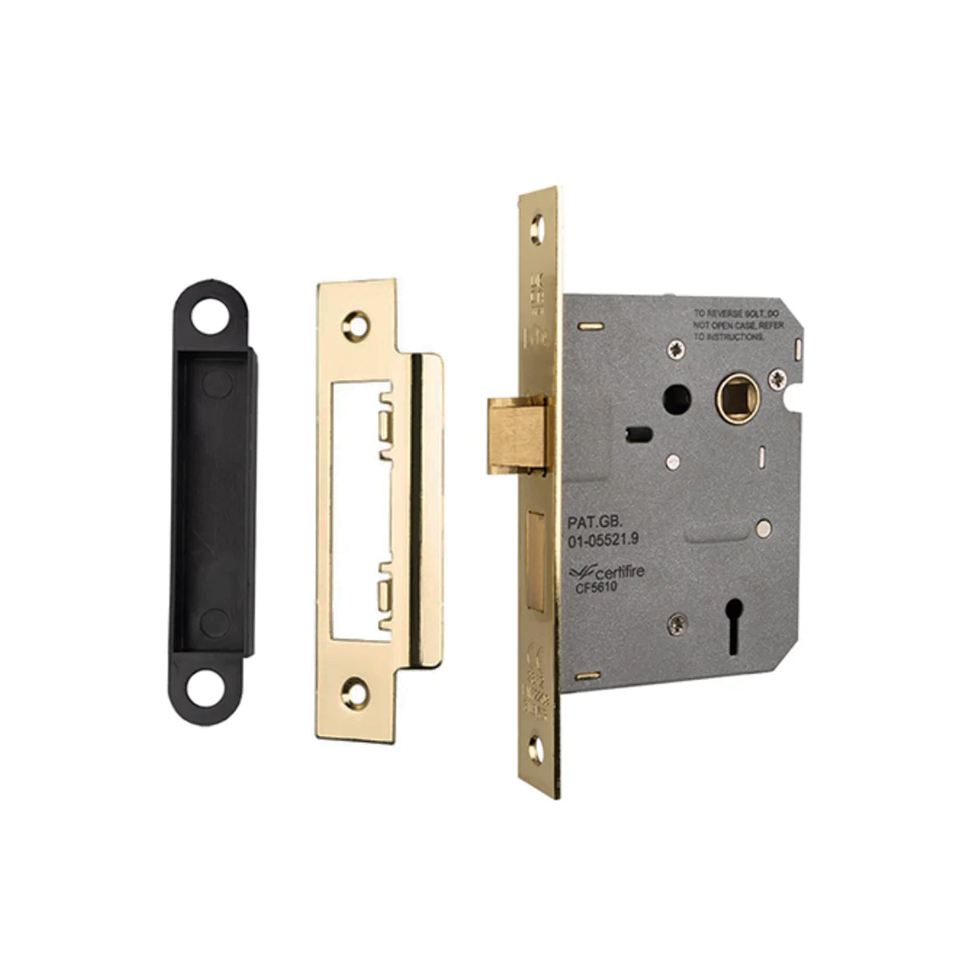 Electro Brassed 3 Lever Lock components on a white background