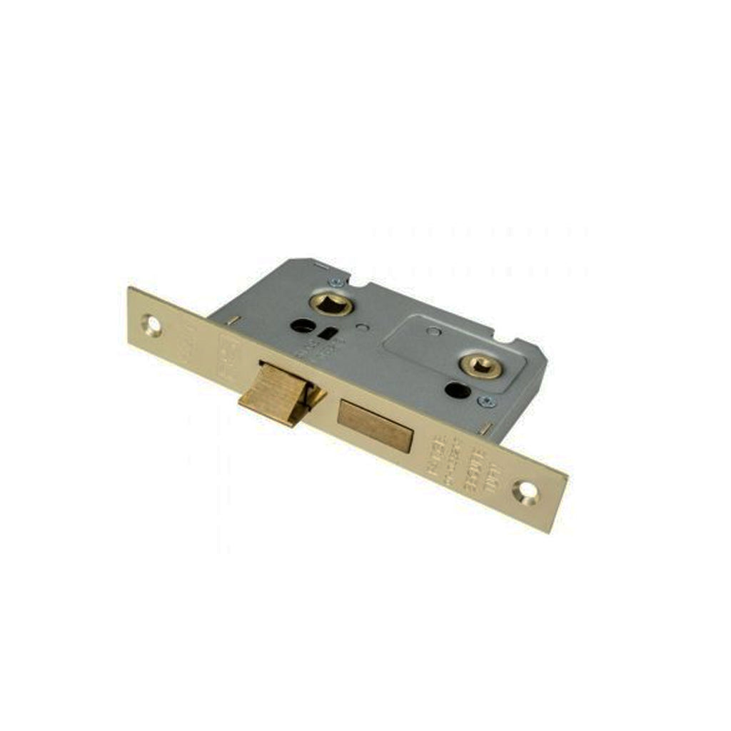 Angled view of a Electro Brassed WC Bathroom Lock on a white background