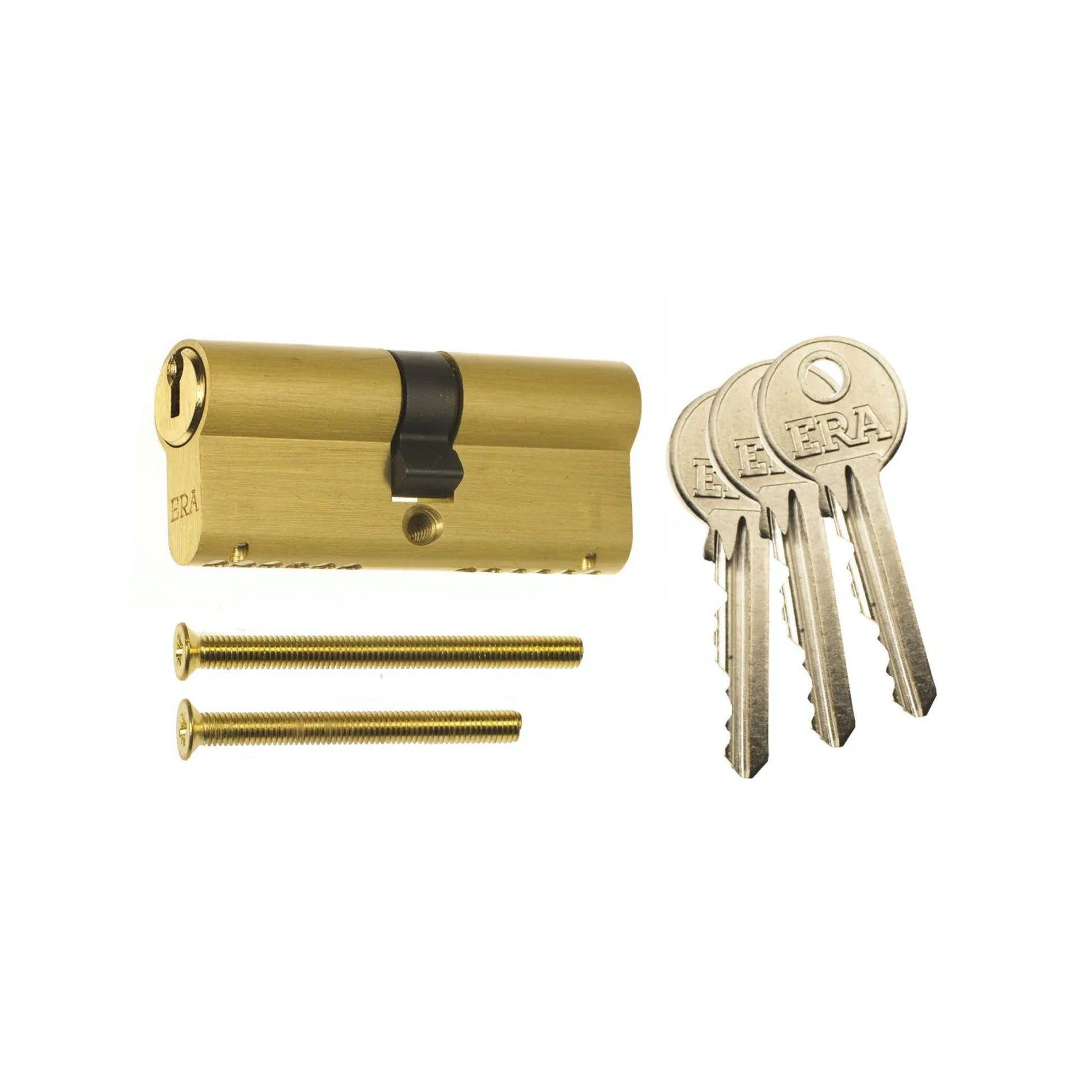 An ERA Euro Brass Cylinder door lock set with keys on a white background.