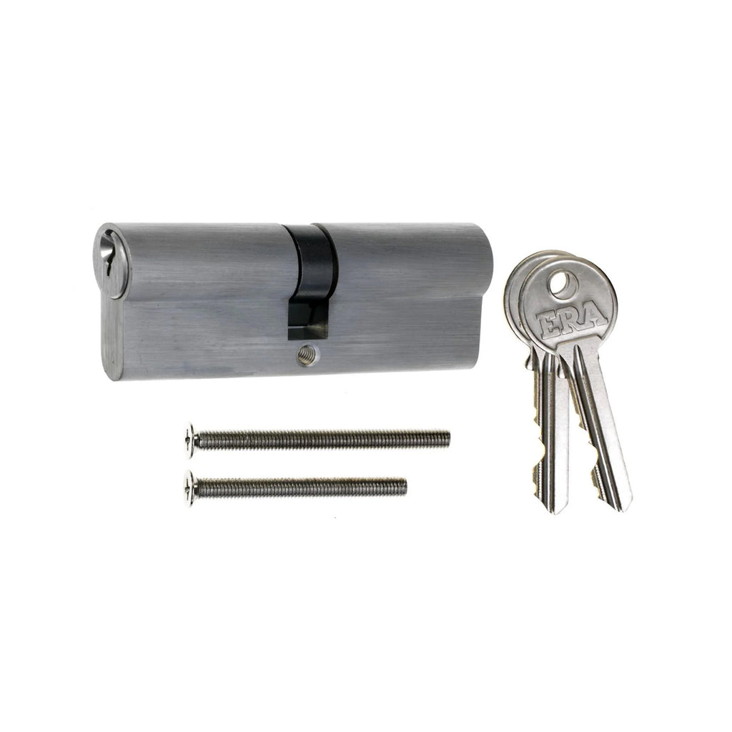 An ERA Euro Satin Chrome Cylinder door lock set with keys on a white background.