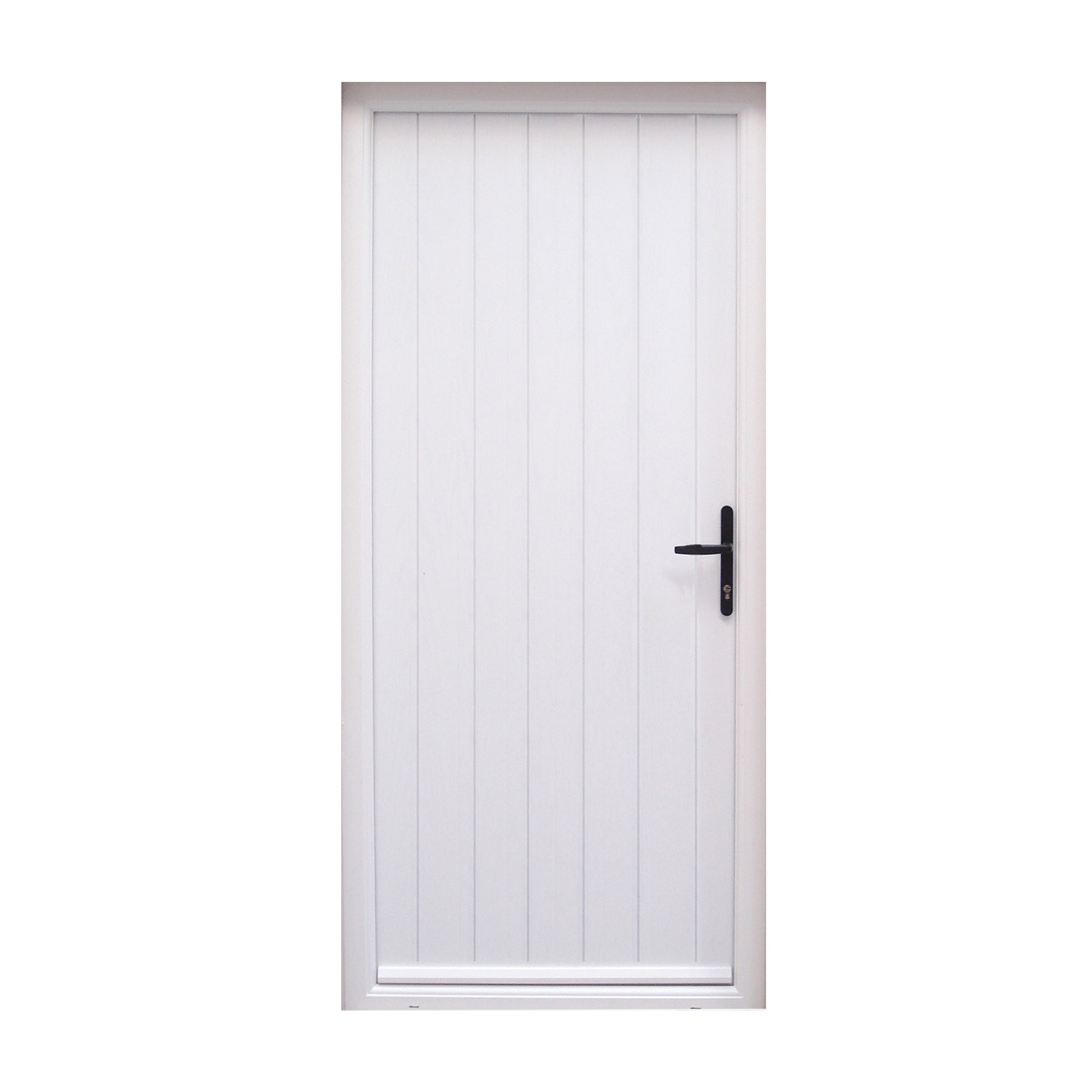 A White Farmhouse Composite GRP External Front Door with a black handle on a white background