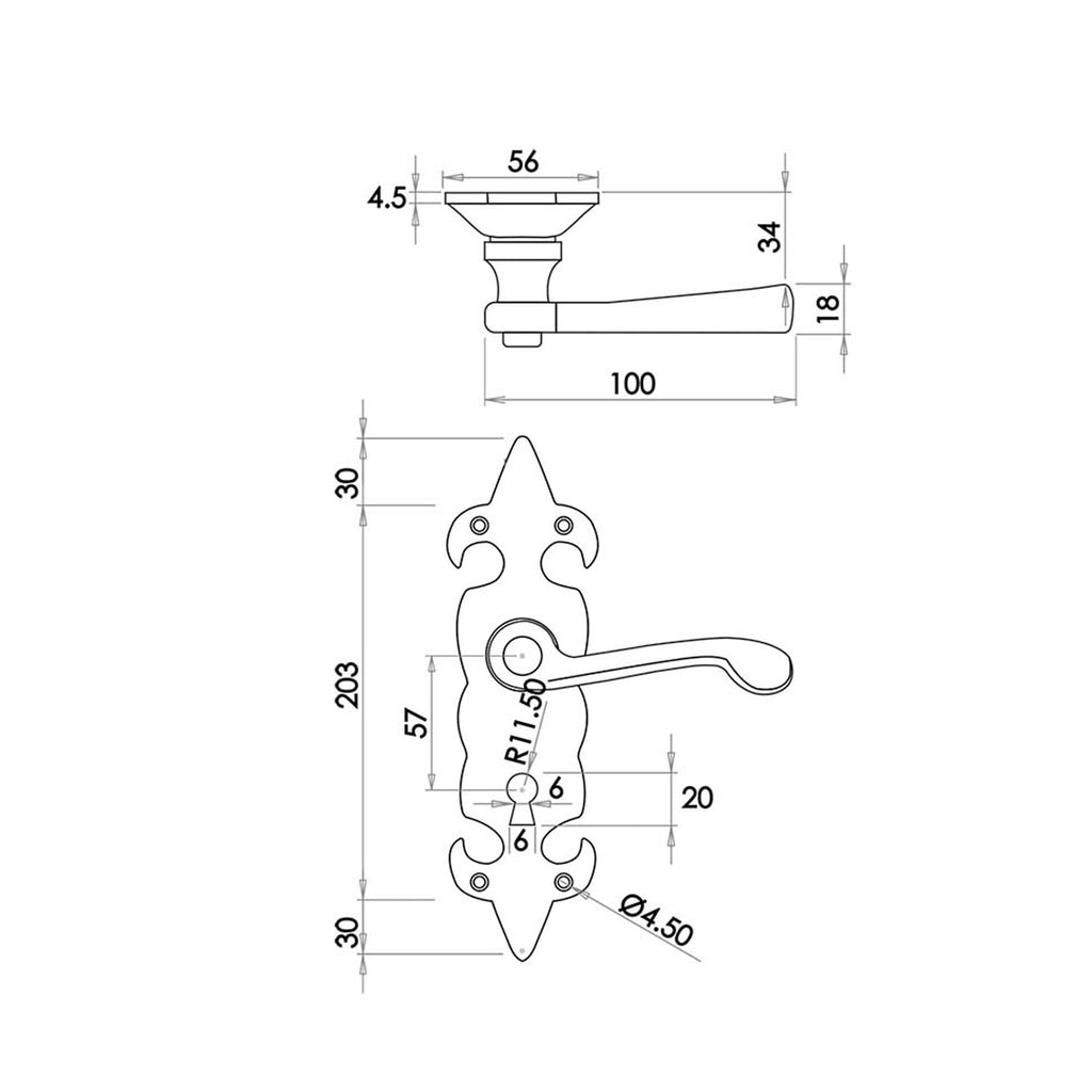 Technical drawing of a FDL backplate door handle with dimensions on a white background.