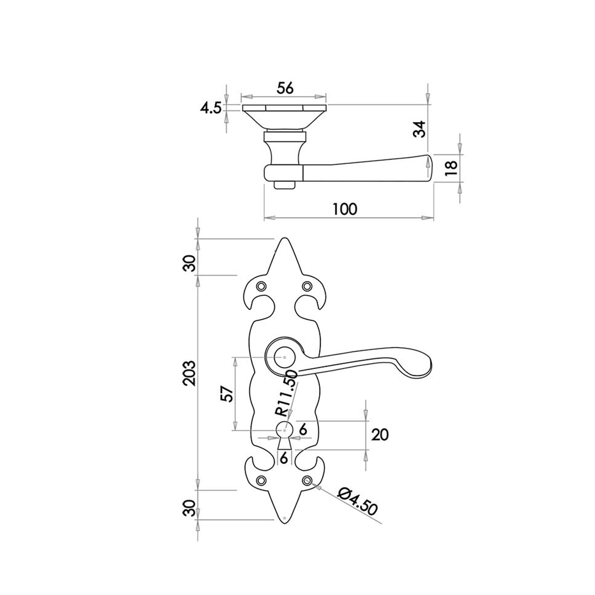Technical drawing of a FDL (Fleur De Lys) Black Backplate Handle on a white background