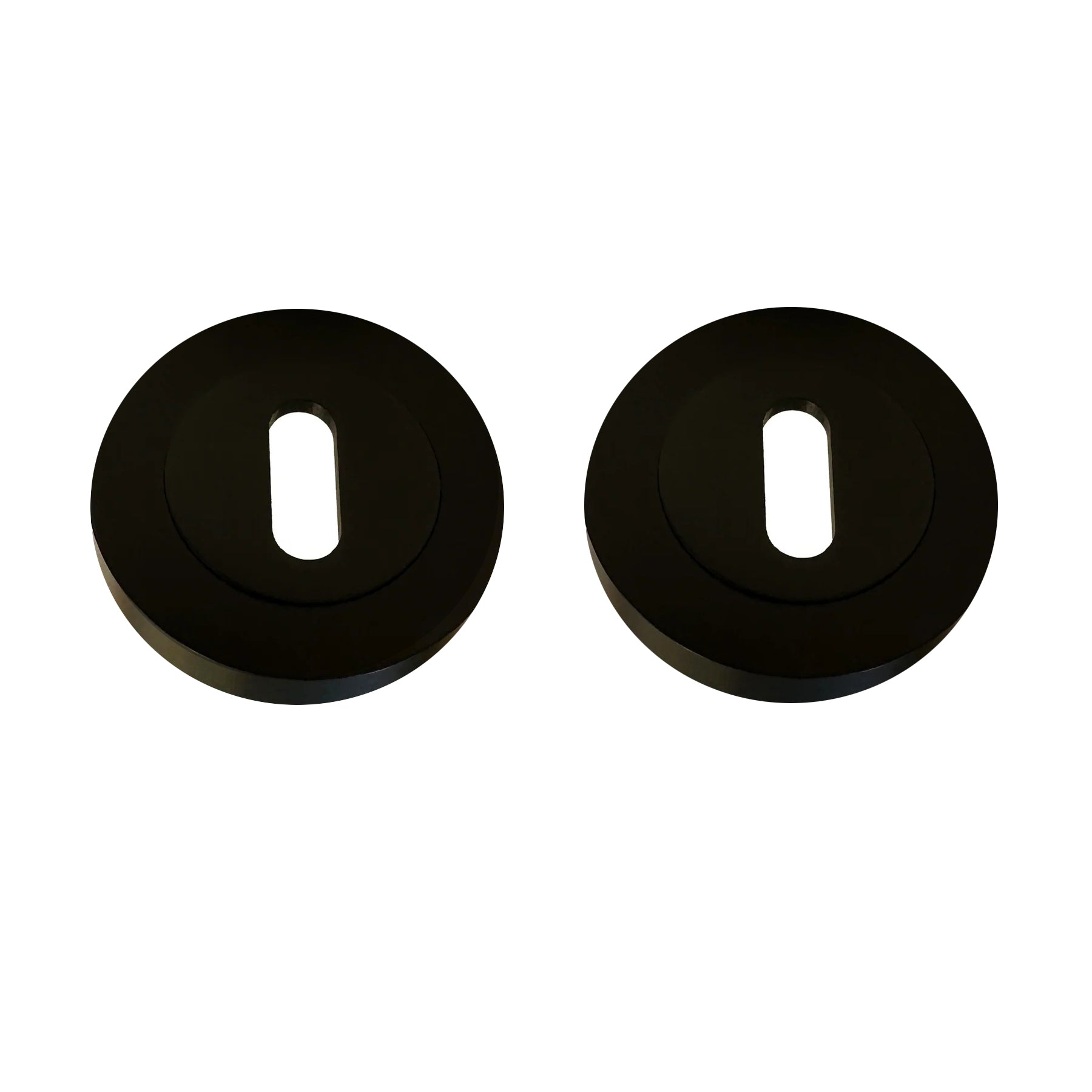Flat black escutcheon set for use with round rose handles on a white background