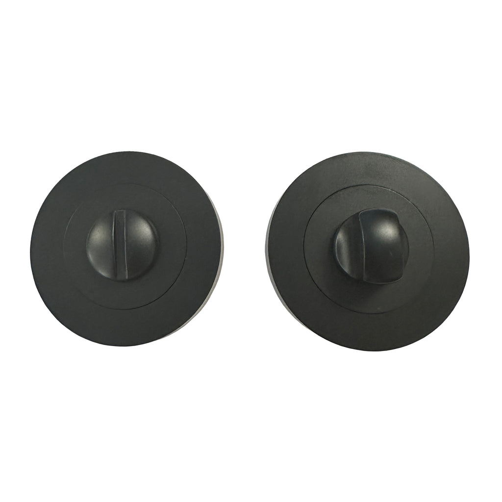 Pair of Flat Black WC Round Thumbturns on a white background