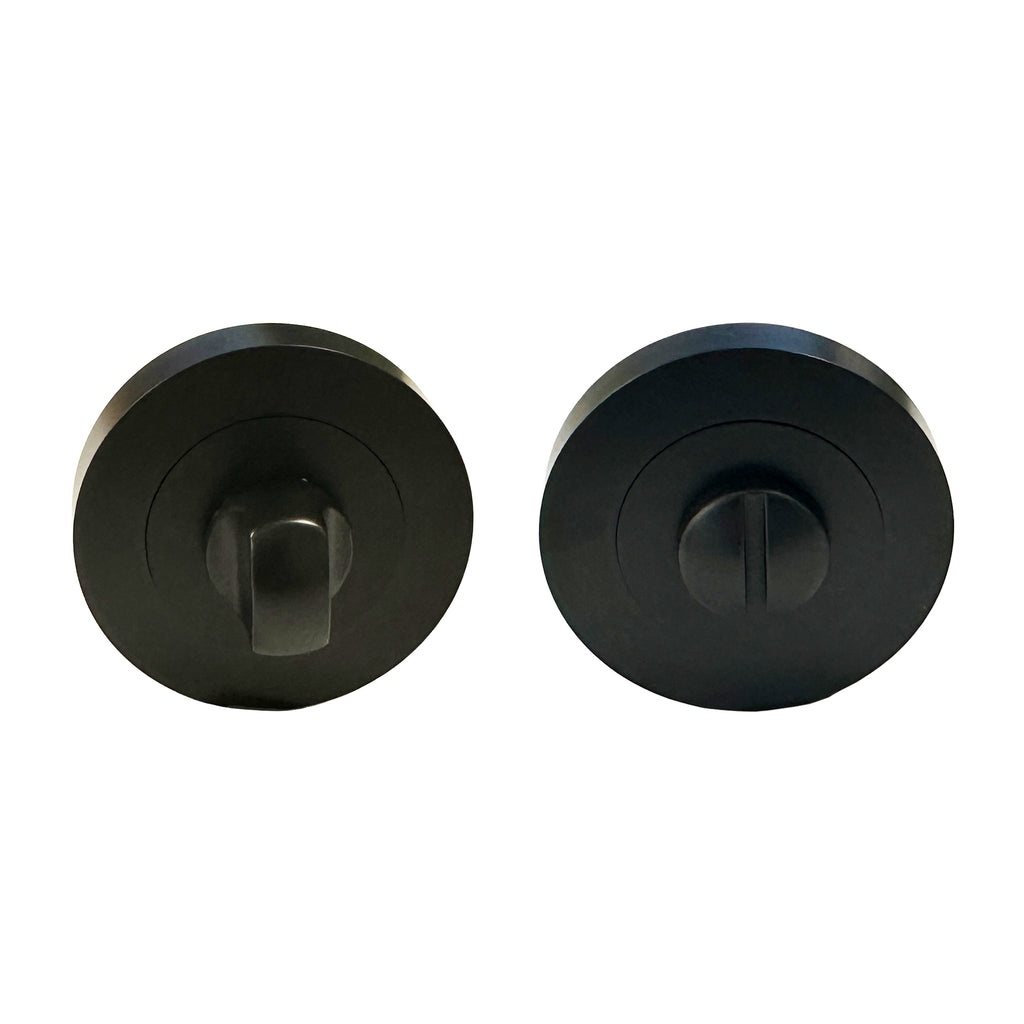 A set of Flat Black WC Round Thumbturns on a white background