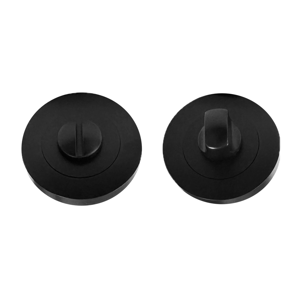 Black WC thumbturn for use with black lever handles on a white background