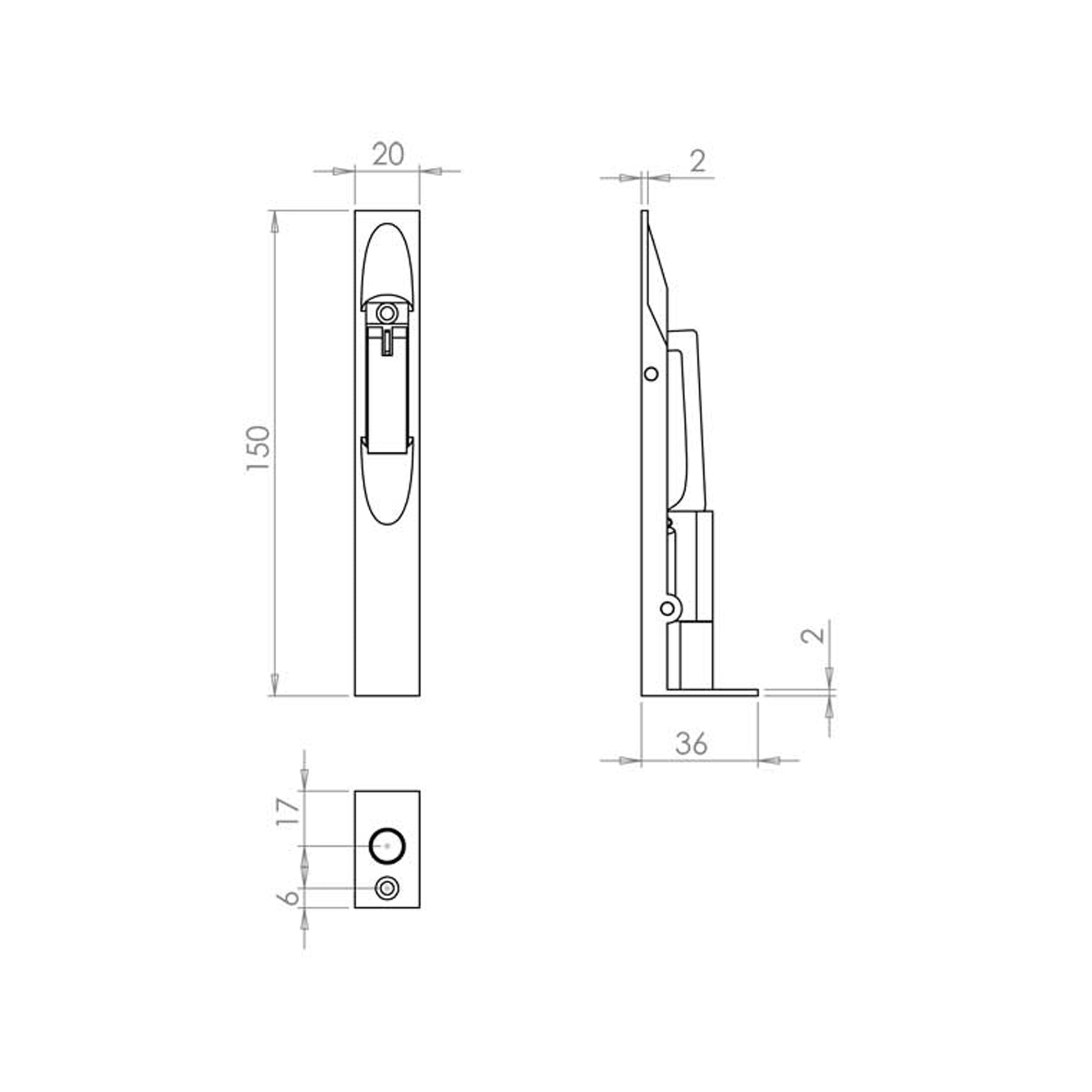 Technical drawing of a 6" Flush Bolt on a white background.