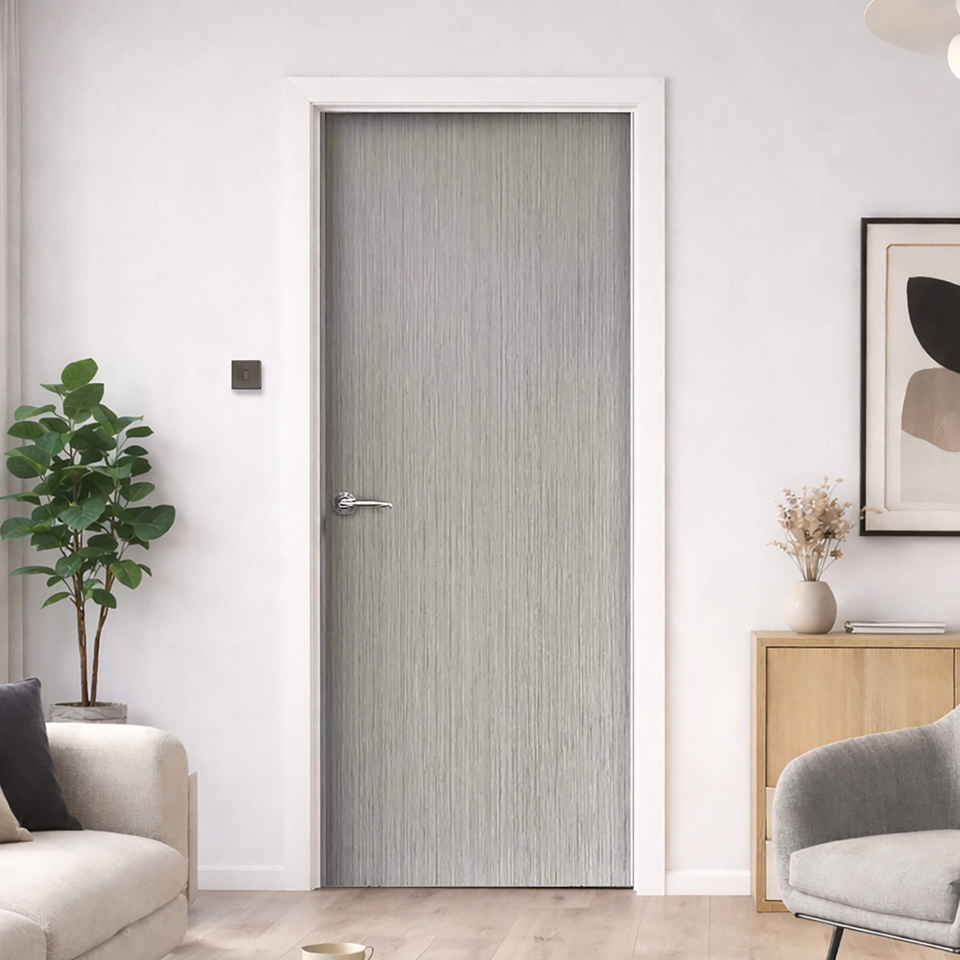 A Flush Laminate interior door in a modern room interior with furniture and decor.