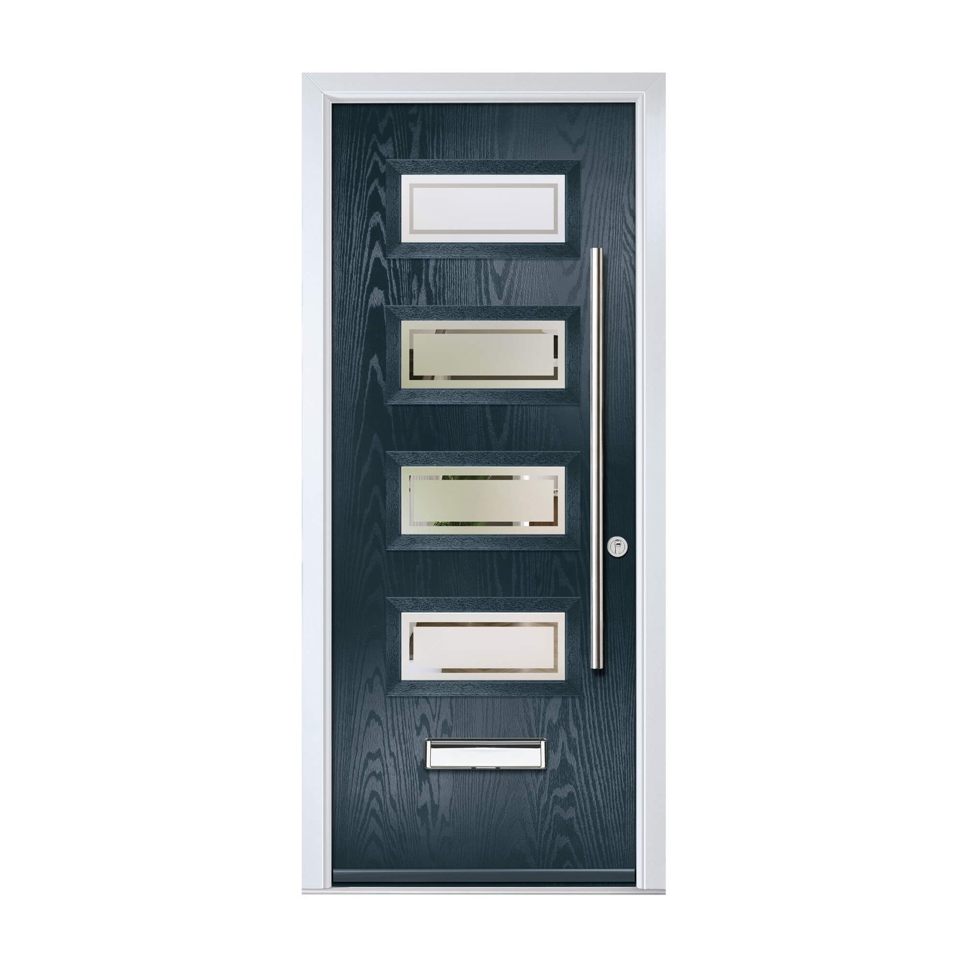 An Antracite Grey Grasmere Composite GRP External Door with four rectangles glass panes with a metallic mail slot and handle on a white background.