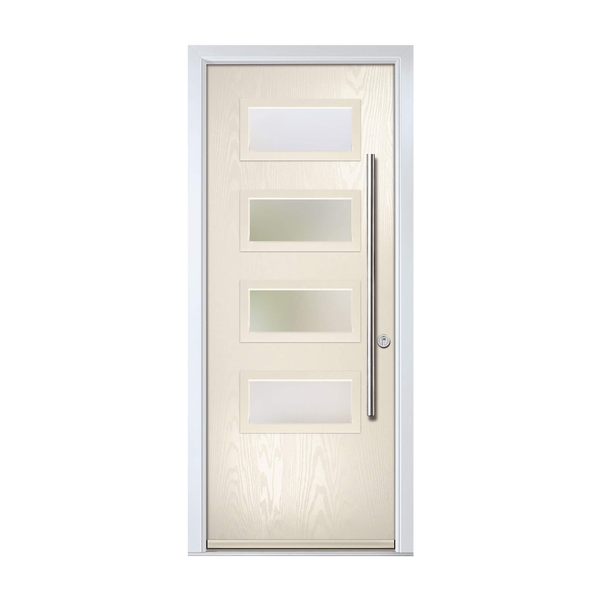 A Beige Grasmere Composite GRP External Door with four rectangles glass panes and handle on a white background.
