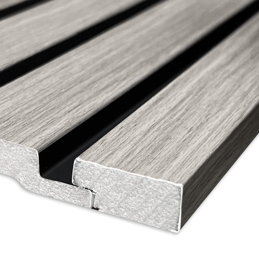 Close-up of a Grey Aqua Slatwall Left Trim  positioned in place on a slatwall panel on a white background