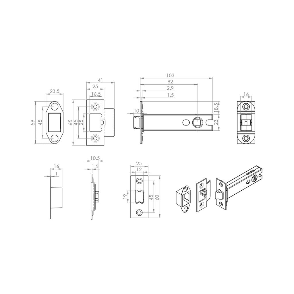 Technical drawing of a 102mm Heavy Duty Double Sprung Door Latch with dimensions on a white background.