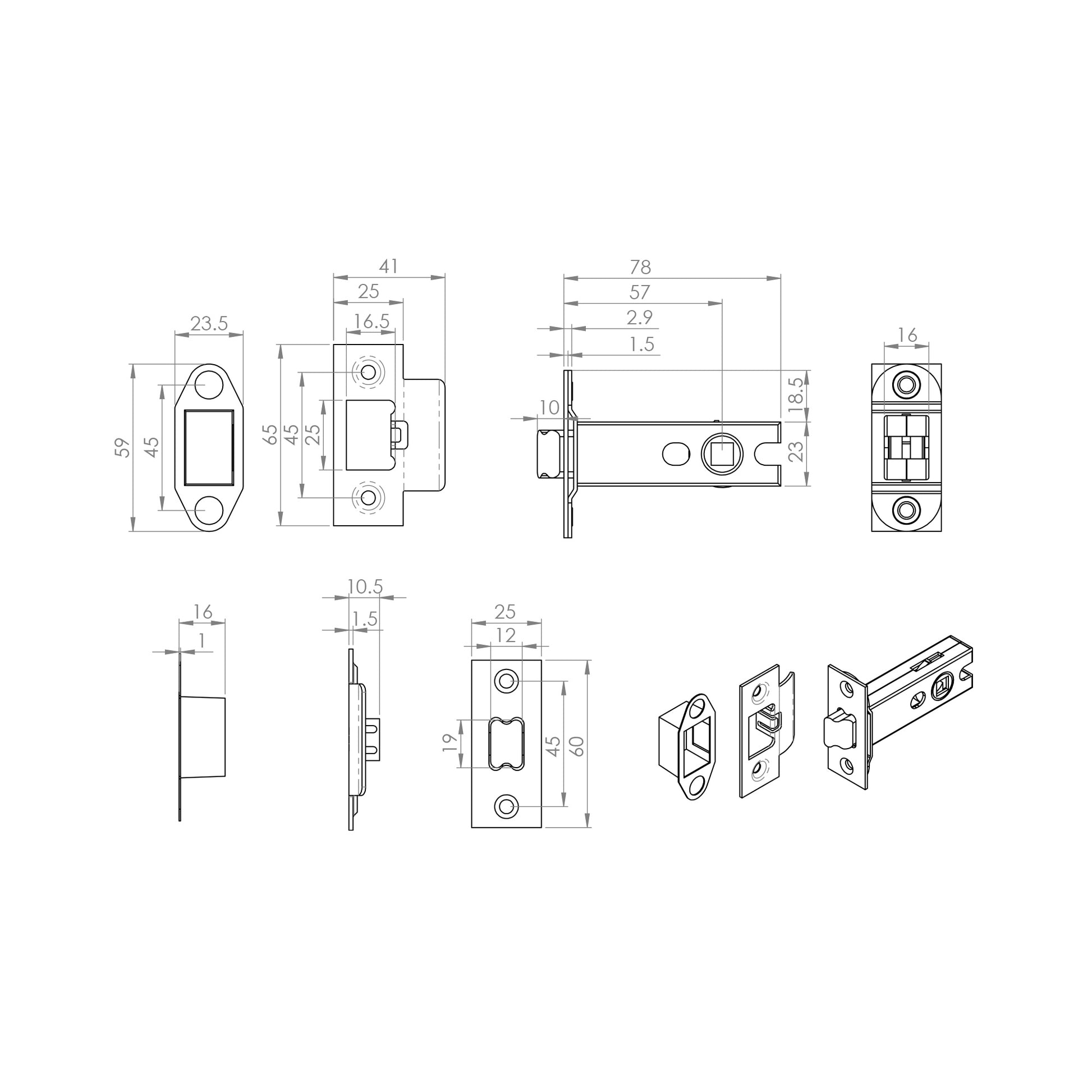 Technical drawing of a 76mm Heavy Duty Double Sprung Door Latch with dimensions on a white background.