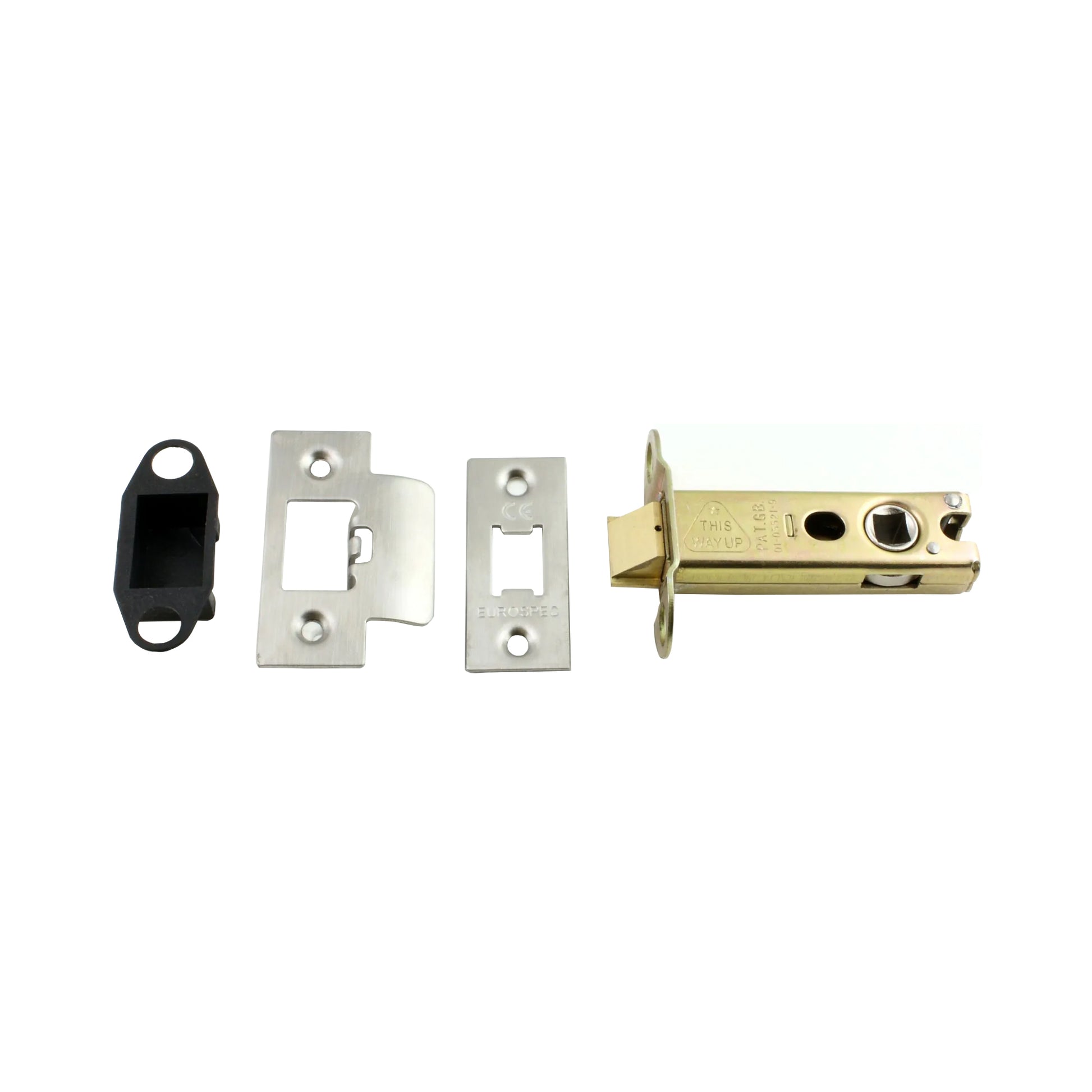 Components of a Heavy Duty Double Sprung Door Latch on a white background.
