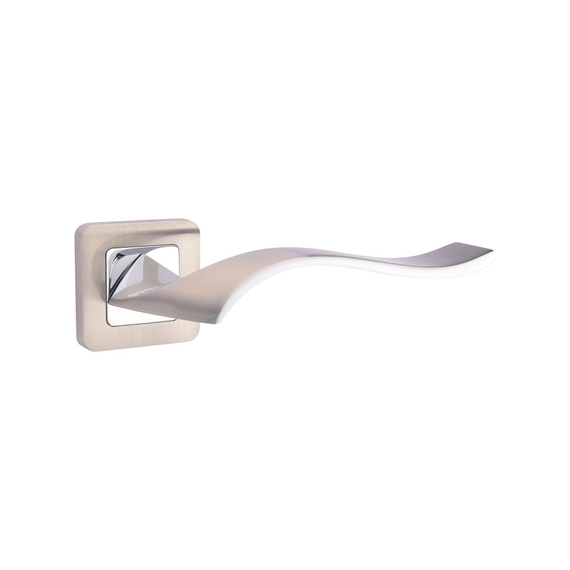 Incus Nickel Brushed & Polished Chrome Square Rose door handle on a white background
