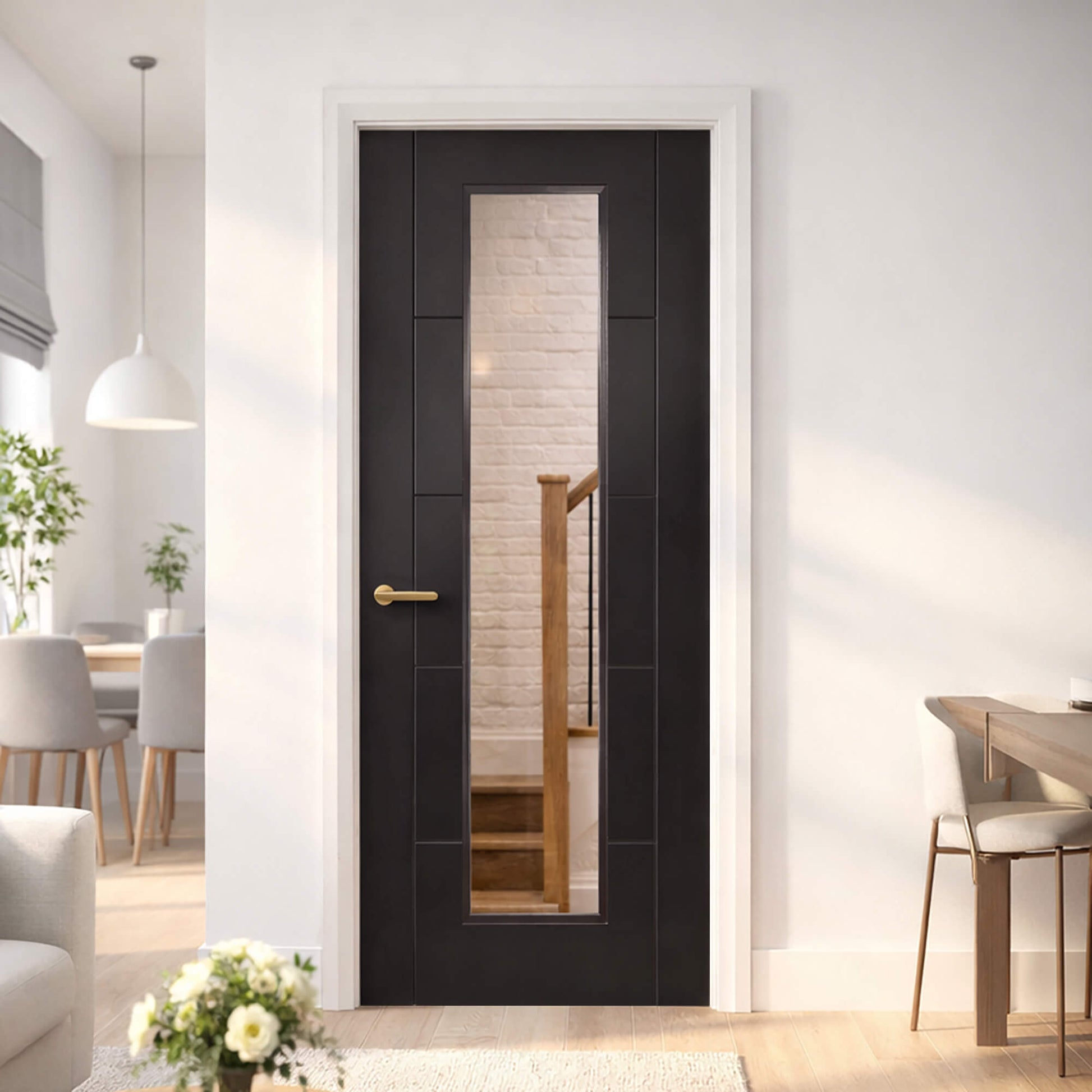 An Iseo Black Primer Plus 1 Lite Pre-Glazed 35mm Internal Door in a modern home setting, looking into a hallway.