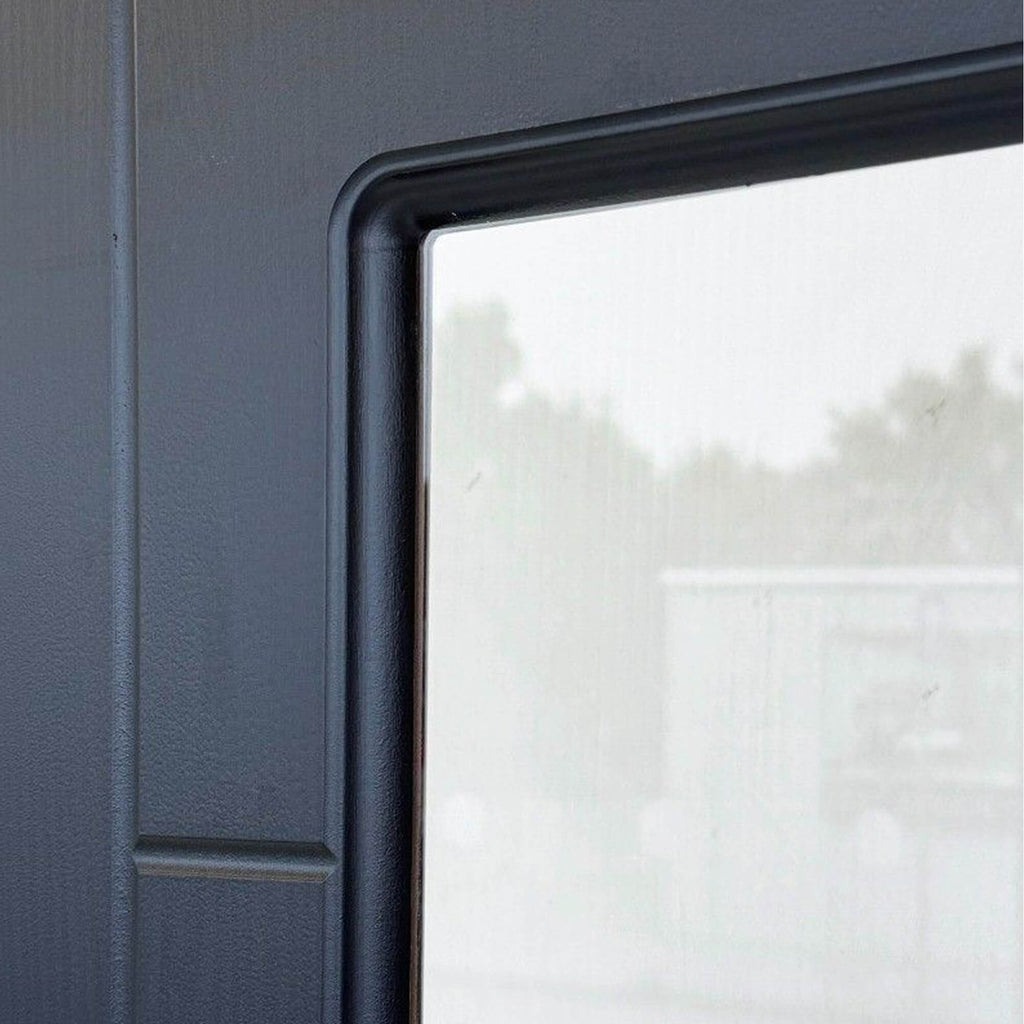 Close-up of the grooves and glazed panel on an Iseo Black Ash 1 Lite Pre-Glazed Laminate 35mm Internal Door.